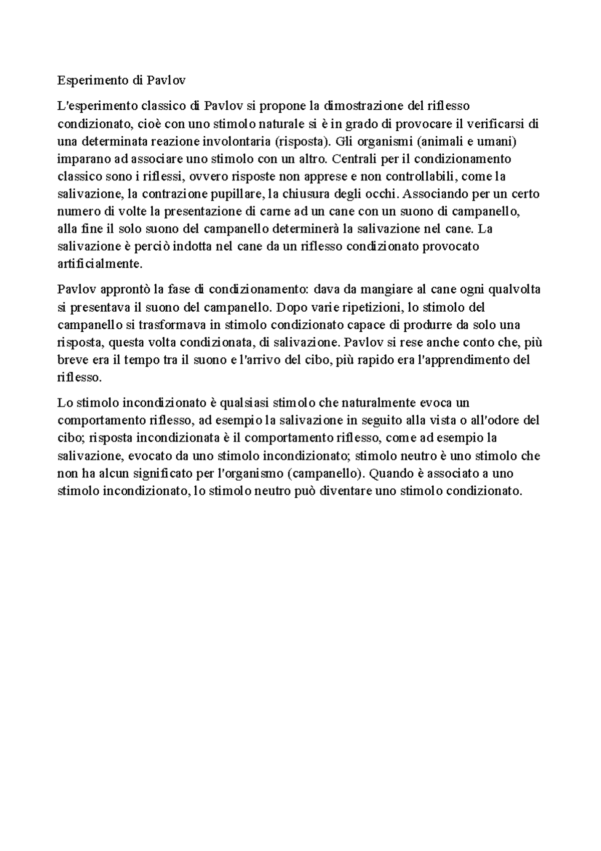 Esperimento di Pavlov Esperimento di Pavlov L'esperimento classico di