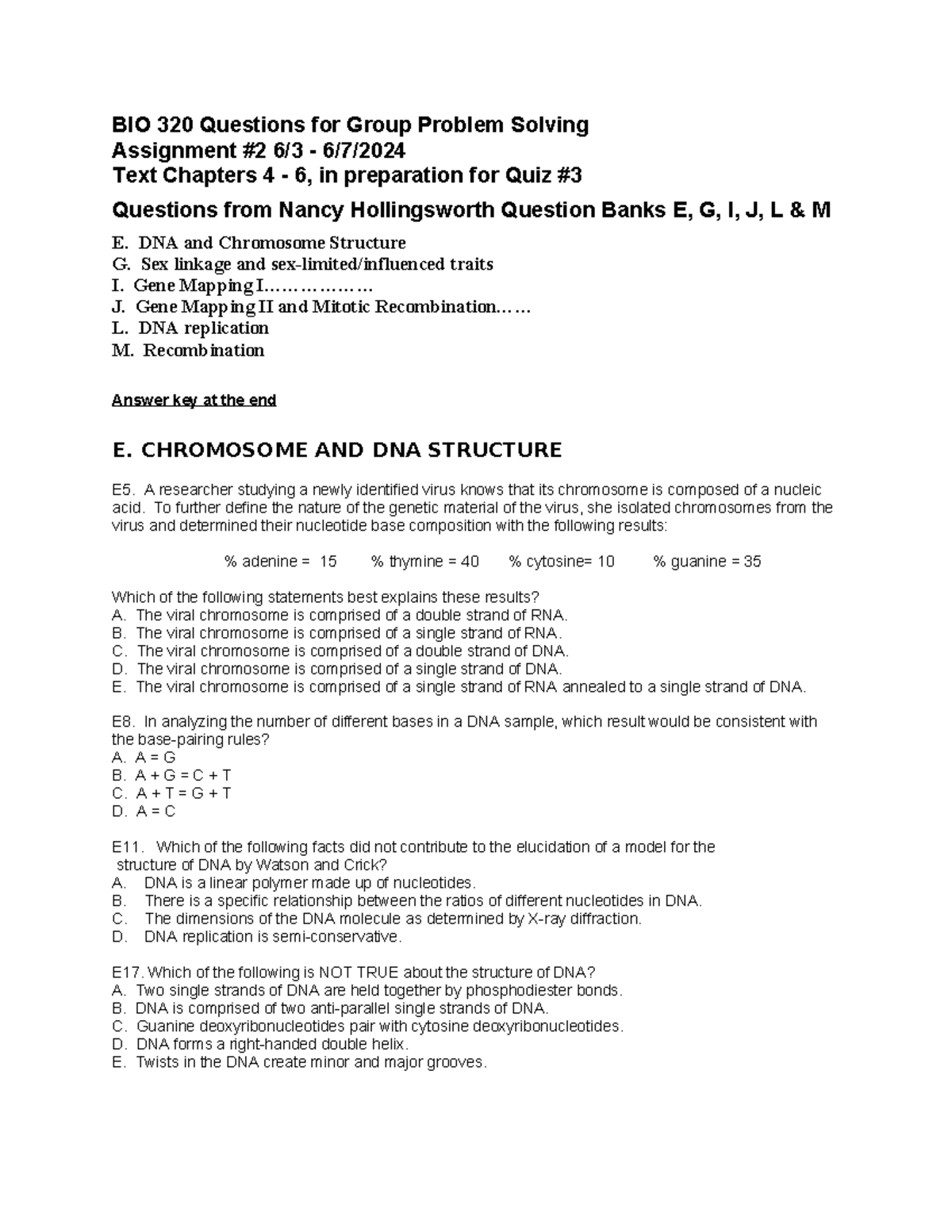 BIO 327 Question Bank Week of June 3 - BIO 320 Questions for Group ...