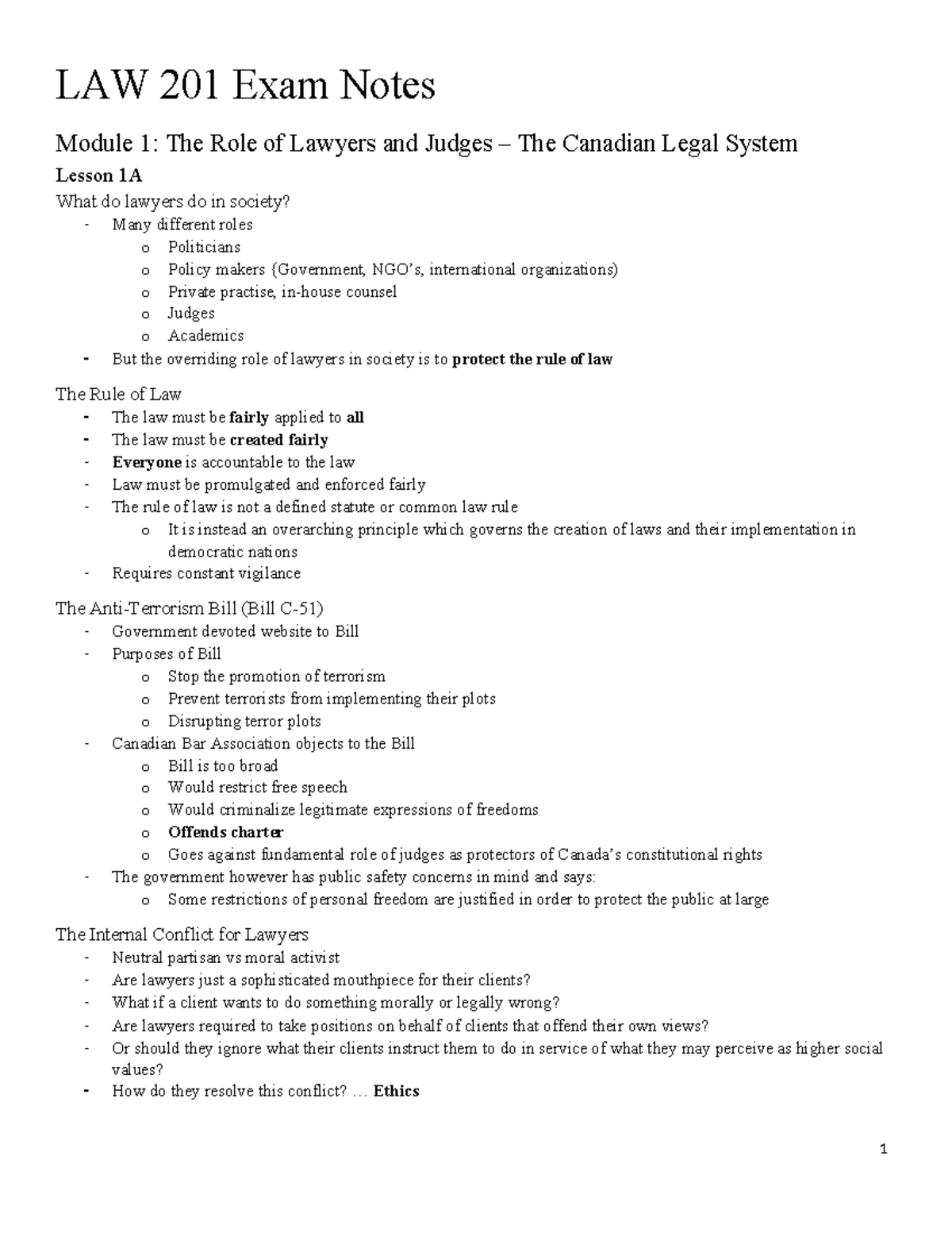 Law201 exam notes LAW 201 Exam Notes Module 1 The Role of Lawyers and Judges The Canadian
