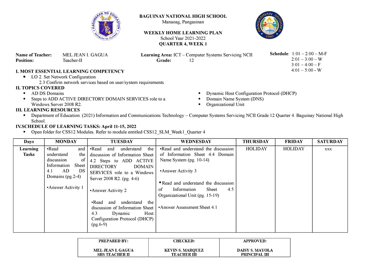WHLP CSS12 Week1-Wee7 Quarter 4 - BAGUINAY NATIONAL HIGH SCHOOL Manaoag ...