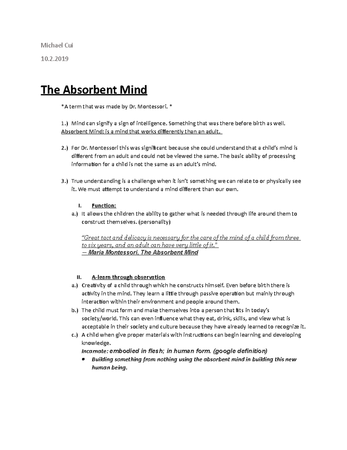 The Absorbent Mind Outline - Michael Cui 10. The Absorbent Mind *A Term ...