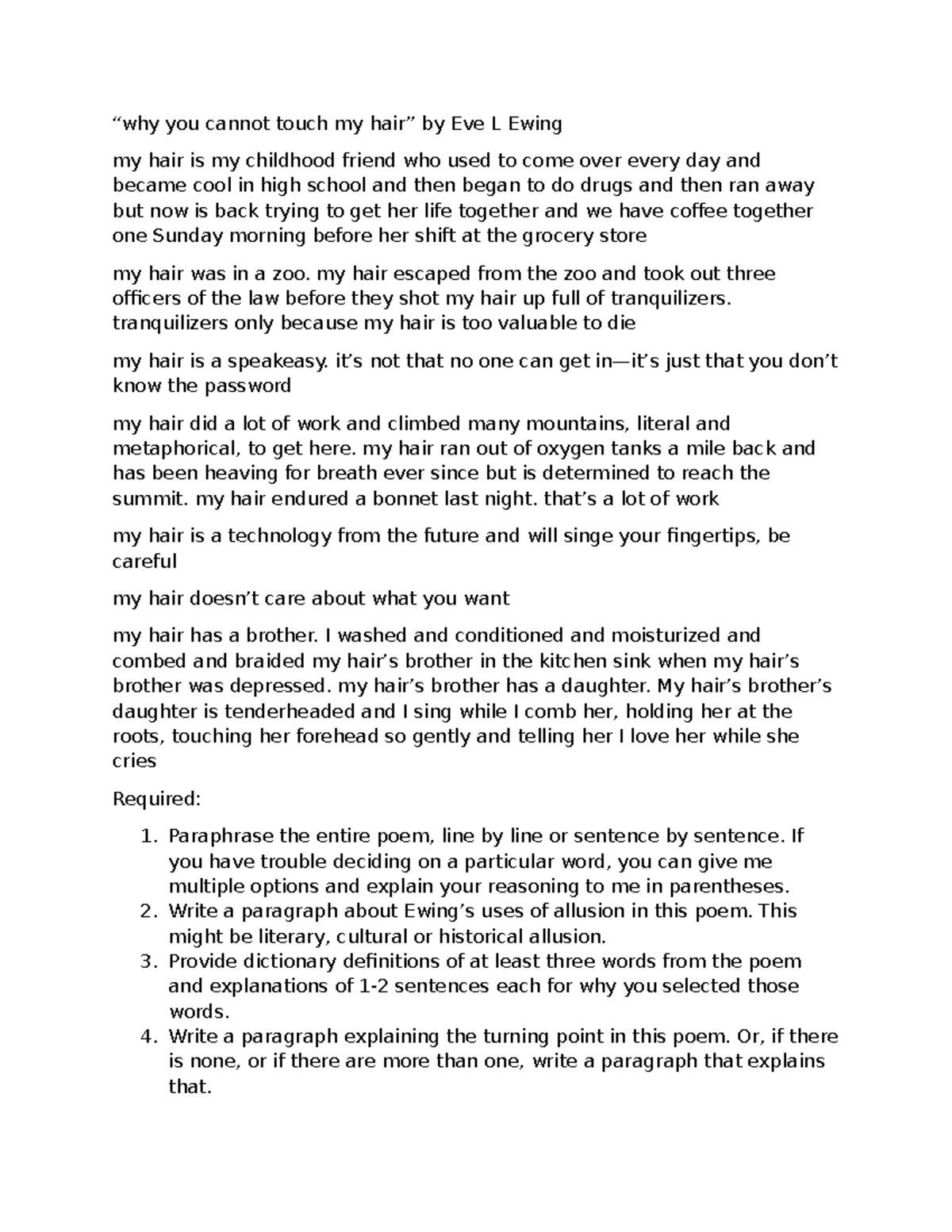 Paragraphs about Poetry Draft - “why you cannot touch my hair” by Eve L ...