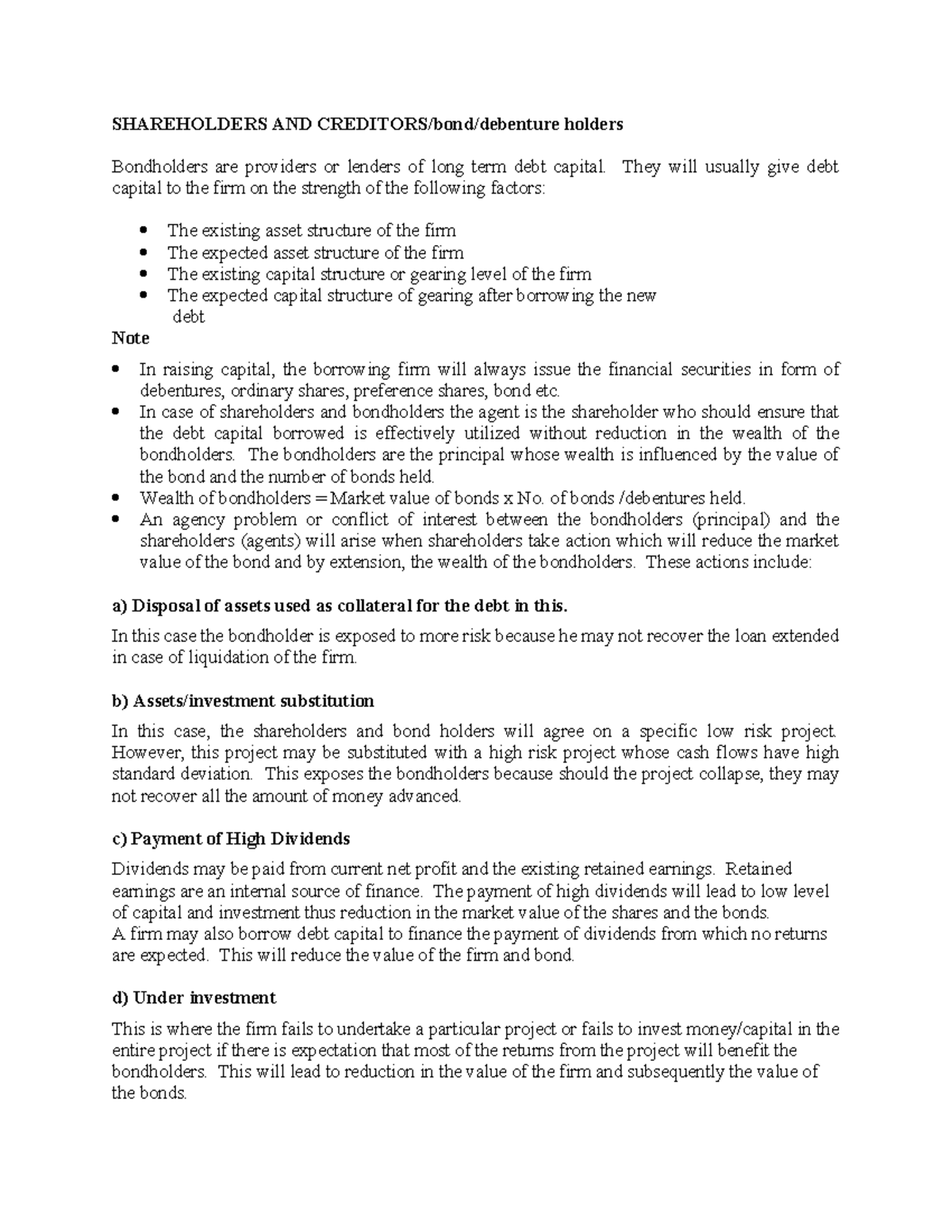 Agency theory dfi 305-1 - SHAREHOLDERS AND CREDITORS/bond/debenture ...