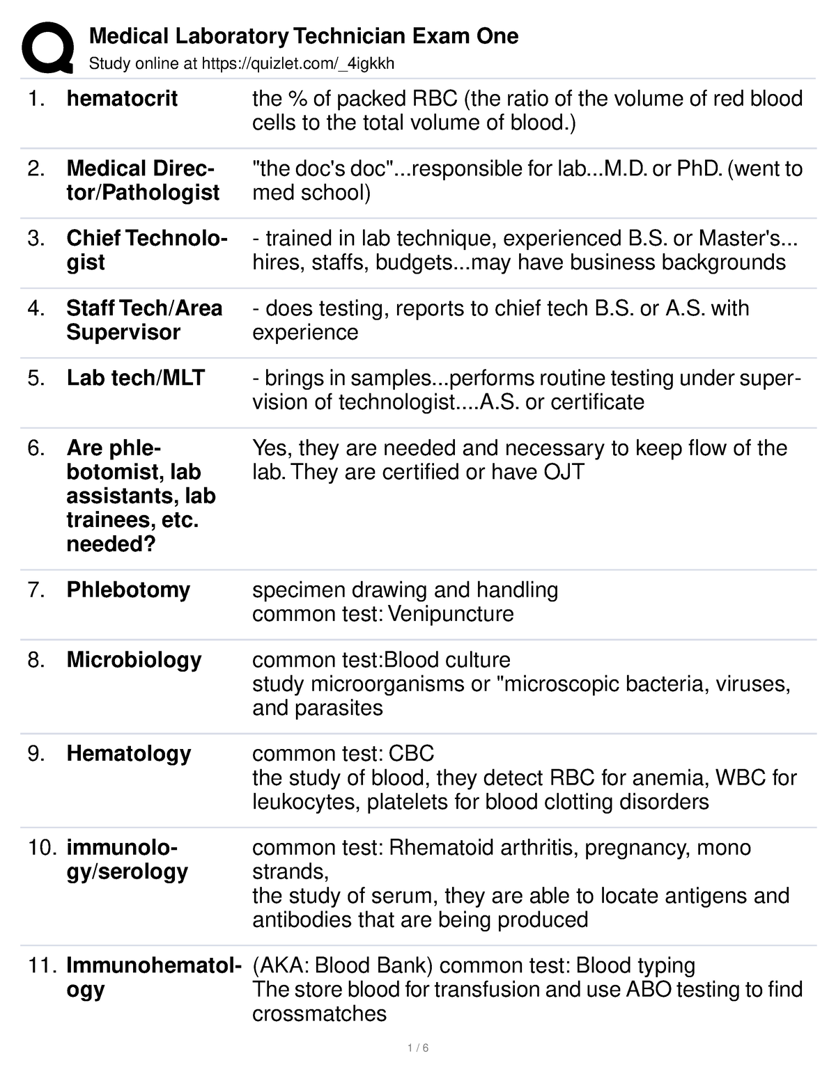 Medical Laboratory Technician Exam One Study online at quizlet