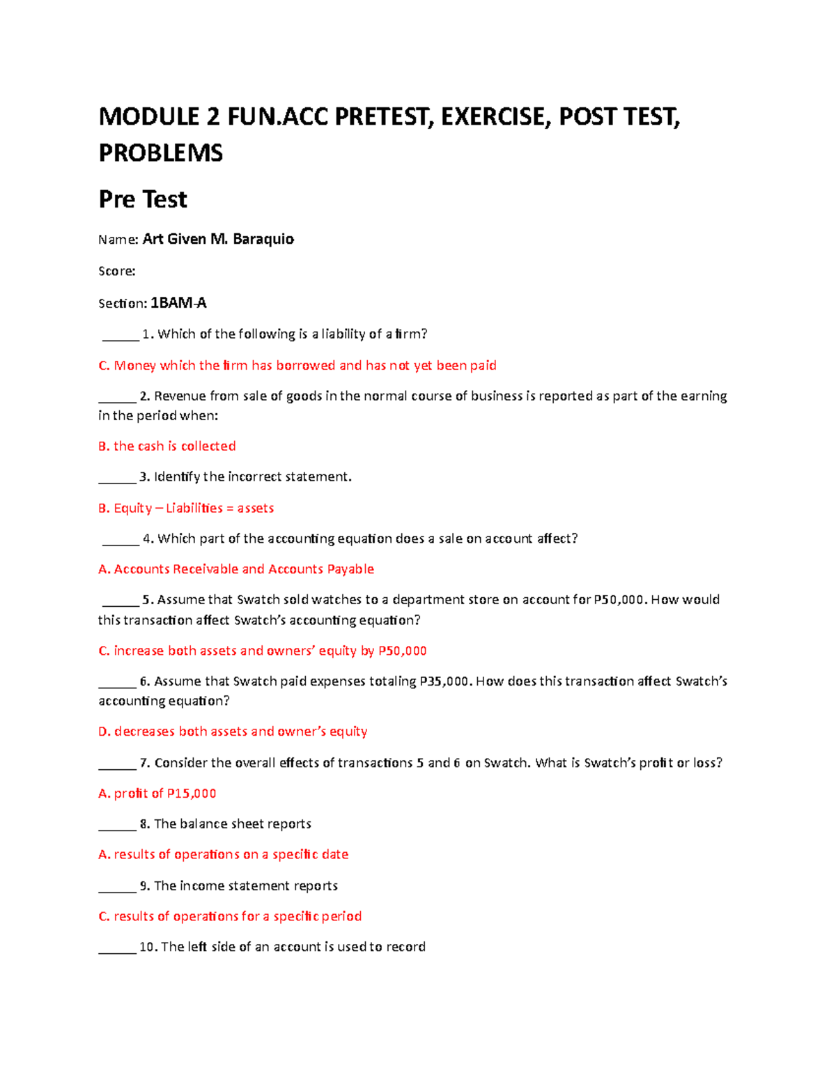 . Module 2 FUN.ACC Pretest, Exercises, Problems,POST TEST - MODULE 2