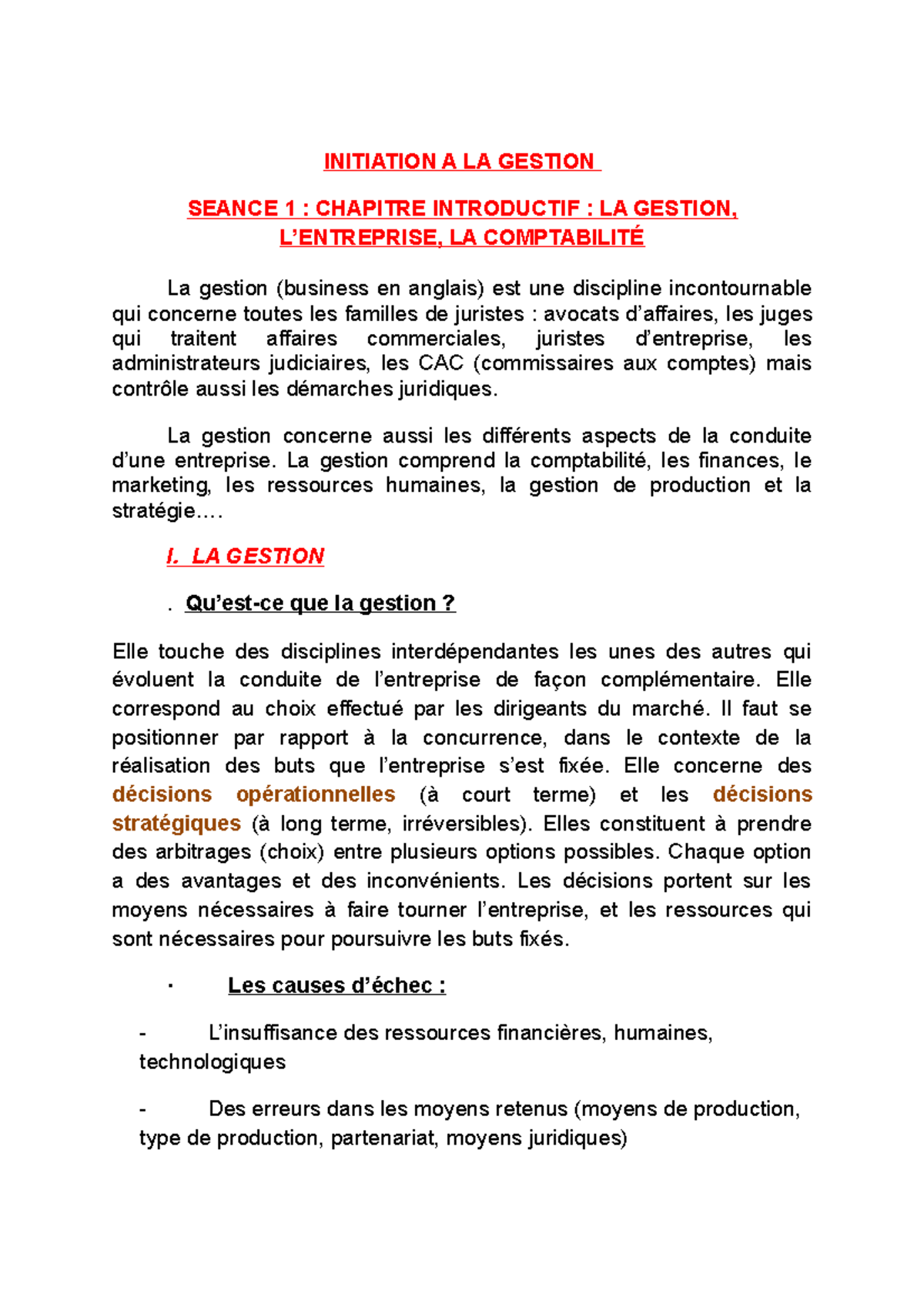 Cours Gestion - INITIATION A LA GESTION SEANCE 1 : CHAPITRE INTRODUCTIF ...