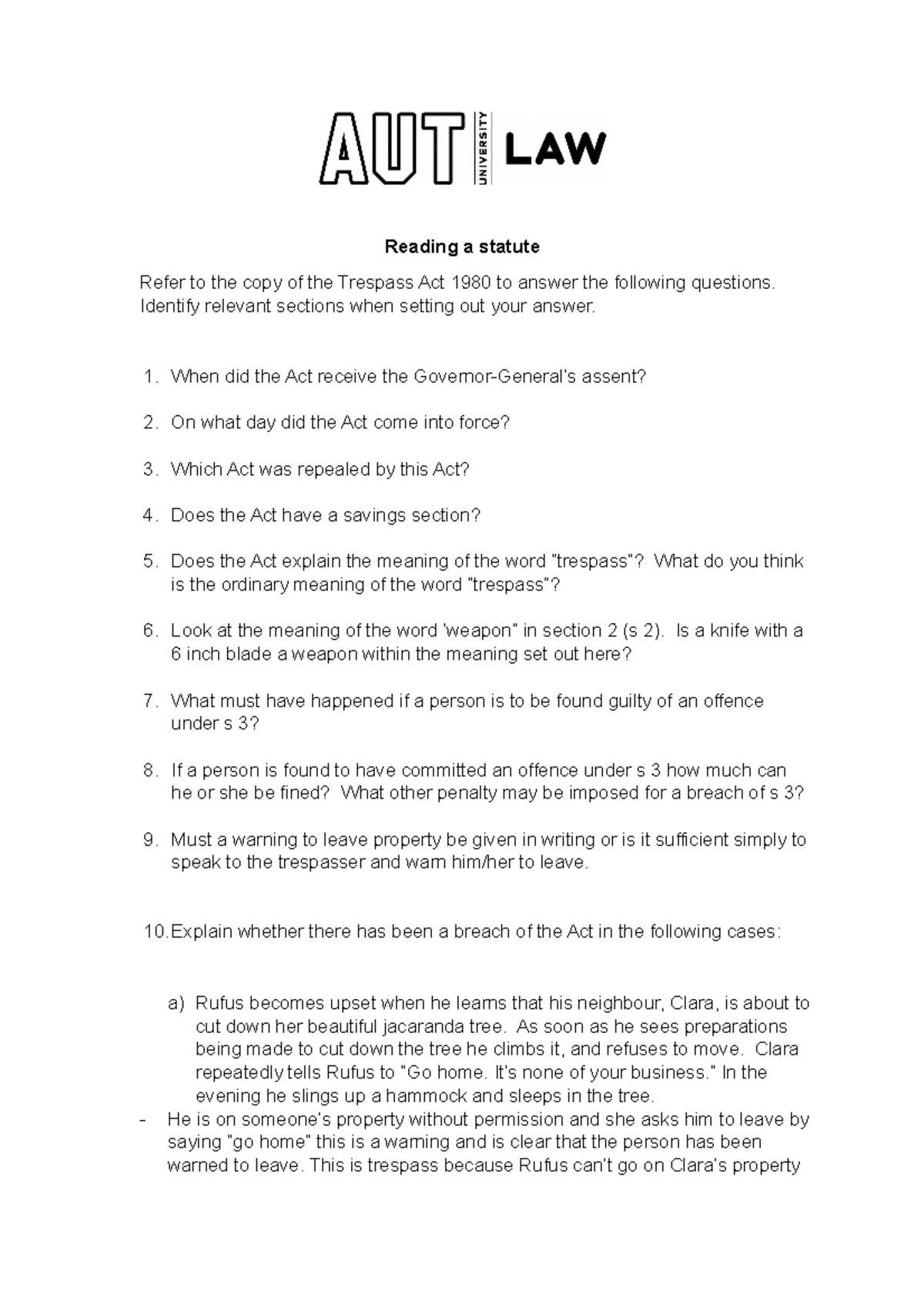 Trespass Act questions document for 509 Reading a statute Refer to