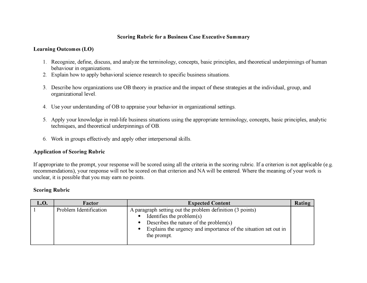 Scoring Rubric for a Business Case Executive Summary - Explain how to ...