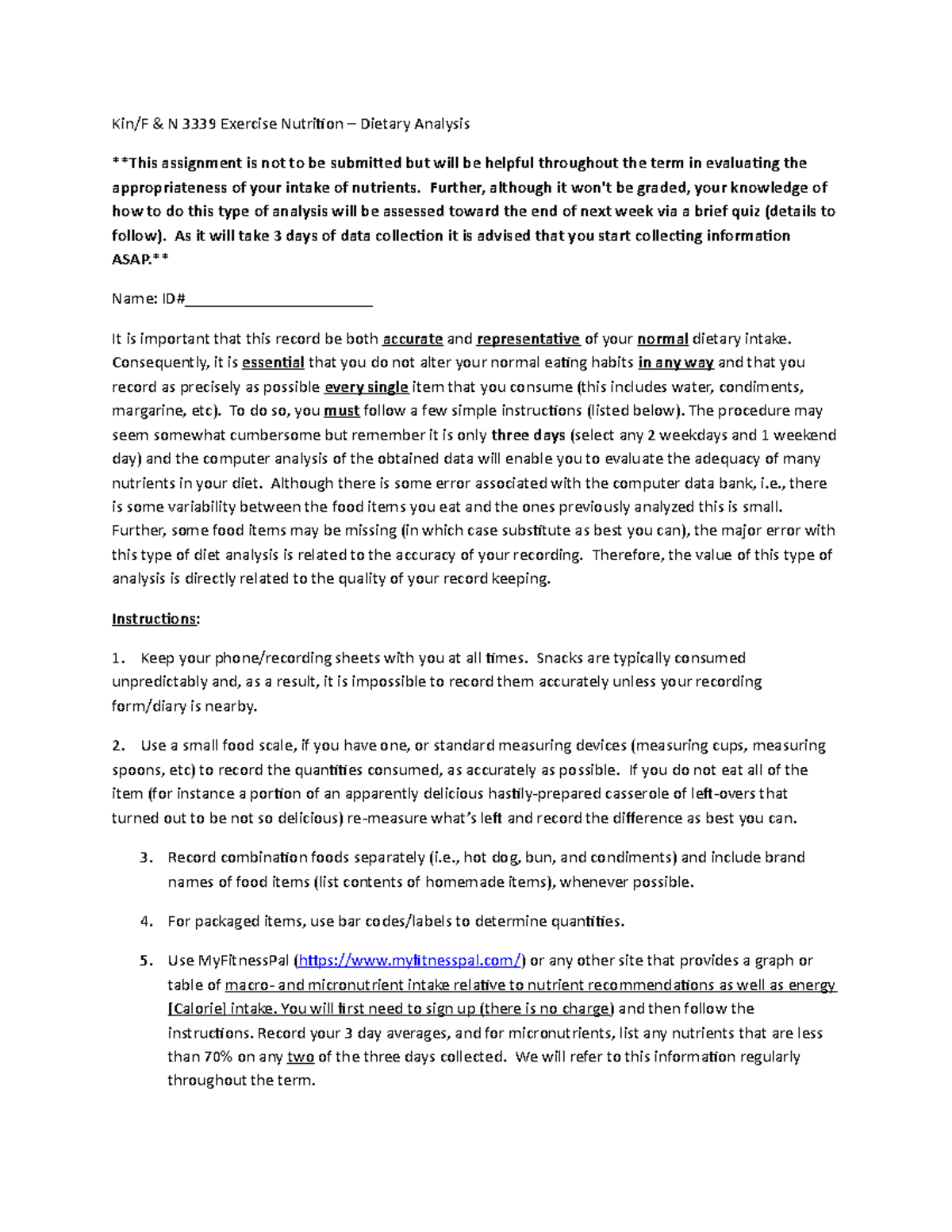 nutrition analysis assignment example