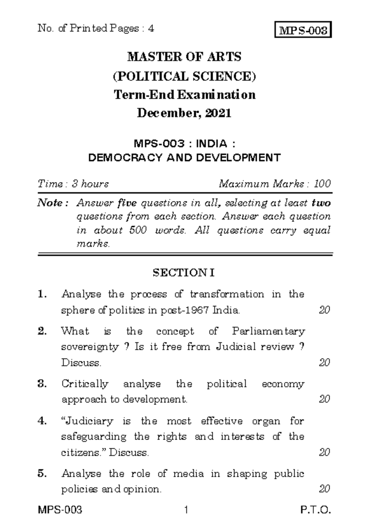 MPS-3 - good - MPS-003 1 P.T. MPS- MASTER OF ARTS (POLITICAL SCIENCE ...