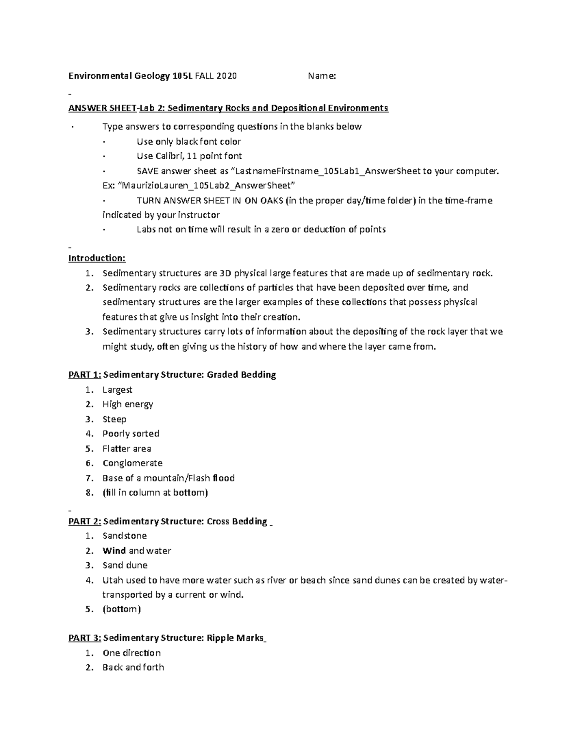 Lab #2 - Lab - Environmental Geology 105L FALL 2020 Name: ANSWER SHEET ...