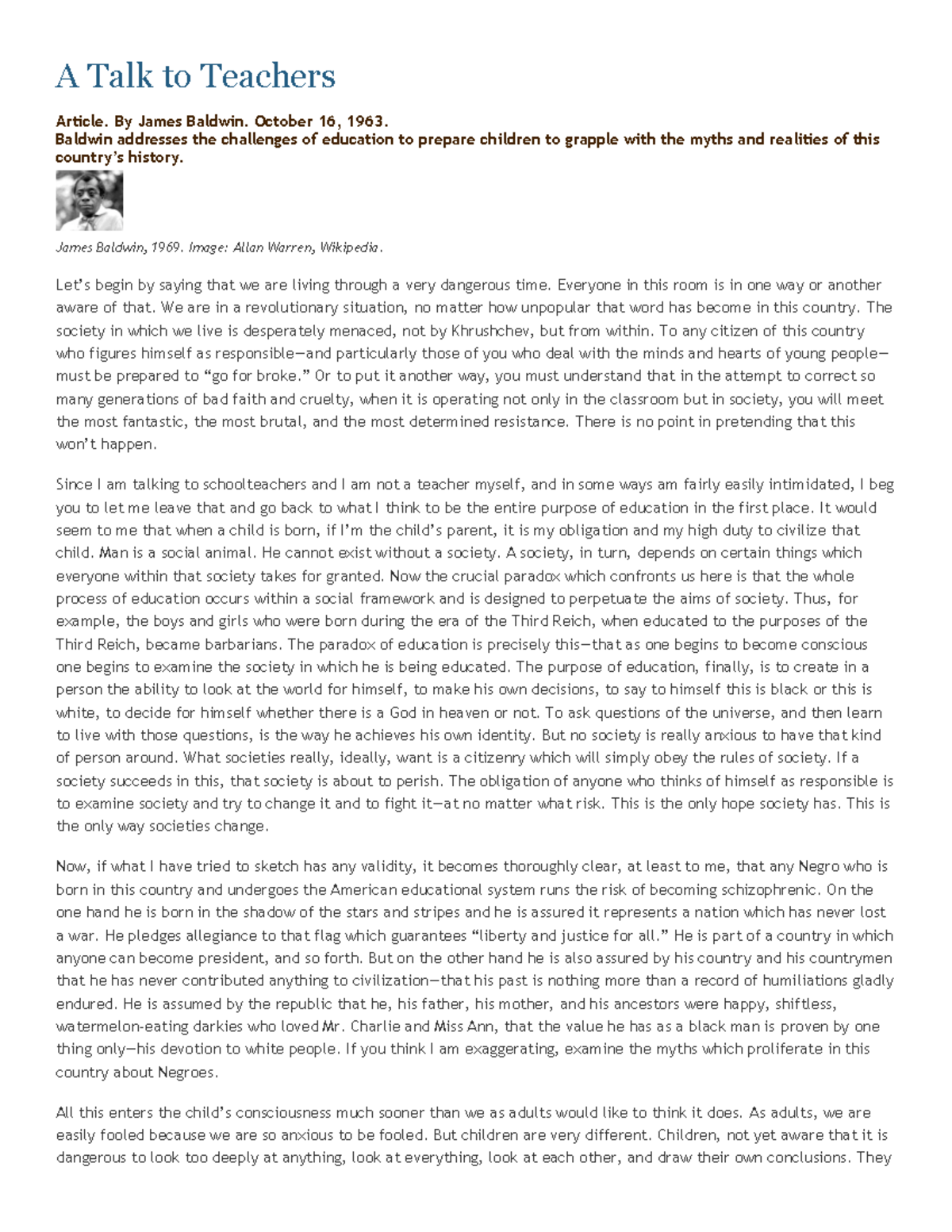 Baldwin 1963 A talk to Teachers - A Talk to Teachers Article. By James ...