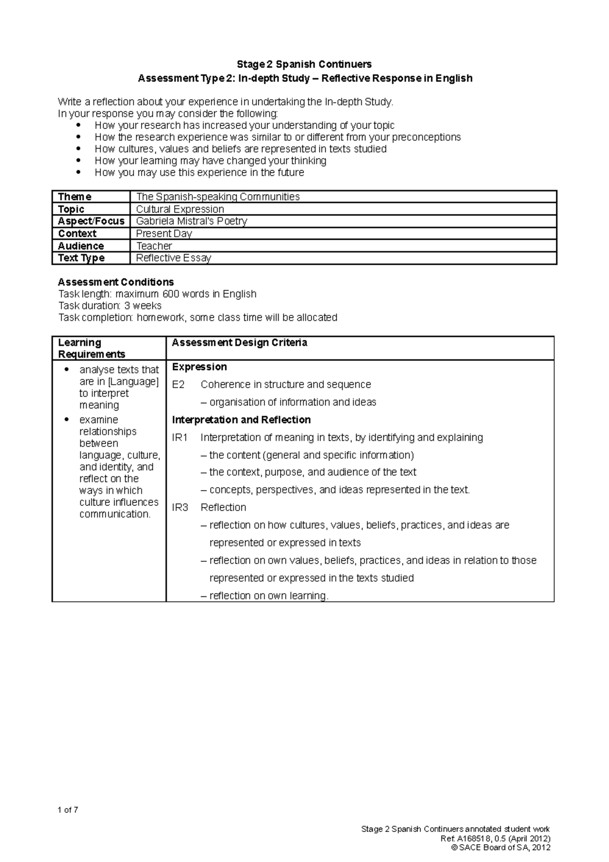 assessment type in depth study reflective response in english assessment type in depth study reflective response in english spanish annotated student work hums arts internship studocu