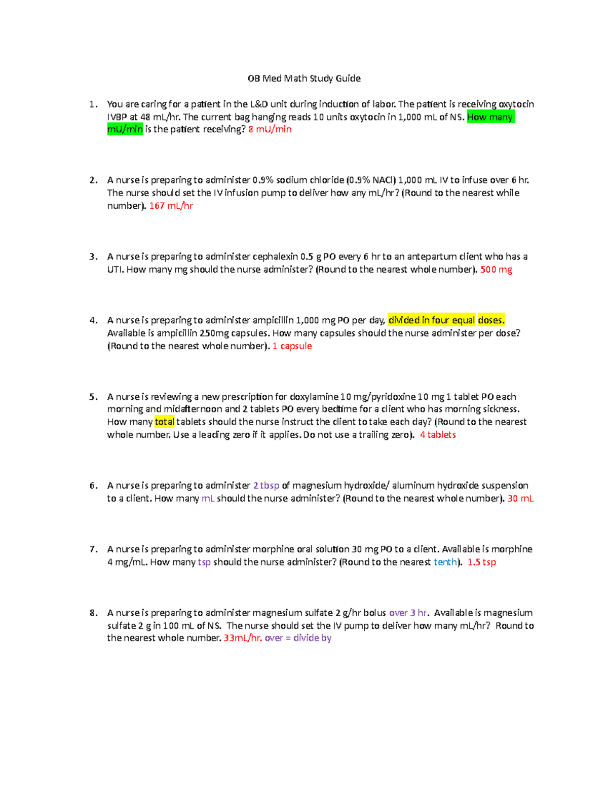 OB Med Math Study Guide - How to do medmath - OB Med Math Study Guide ...