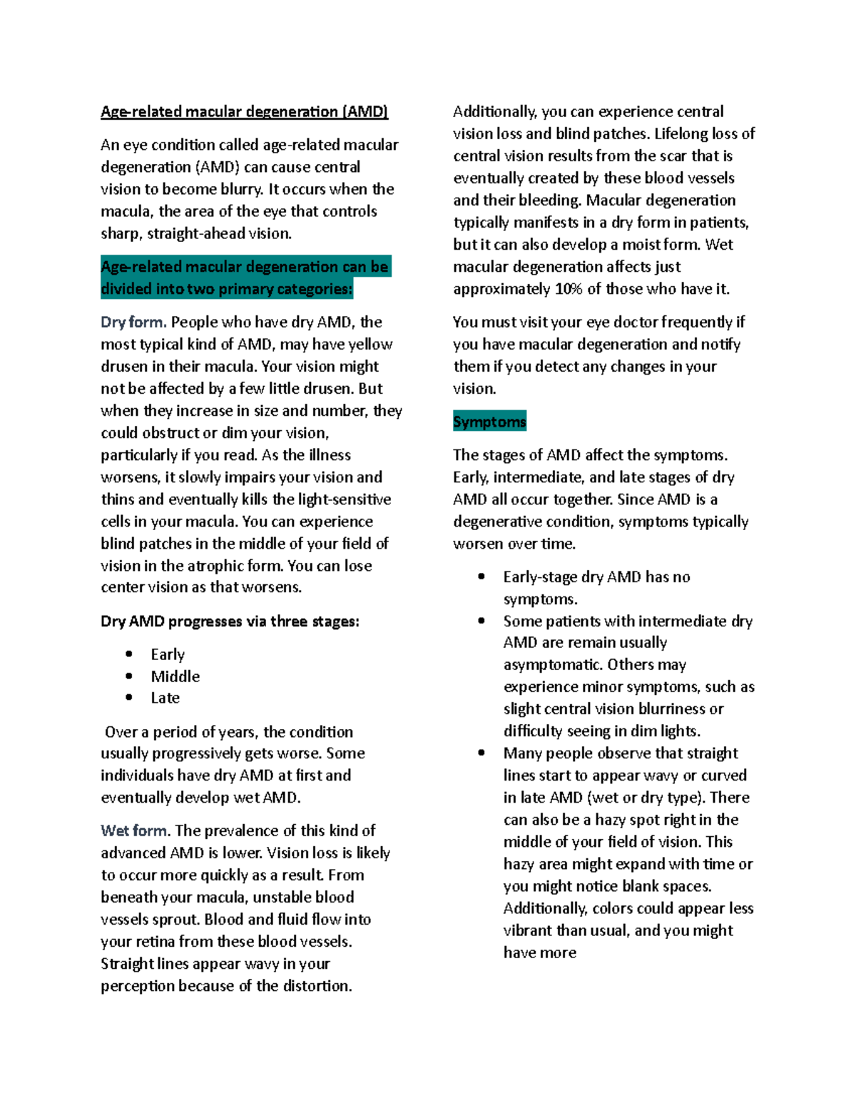 Age-related macular degeneration (AMD) - It occurs when the macula, the ...