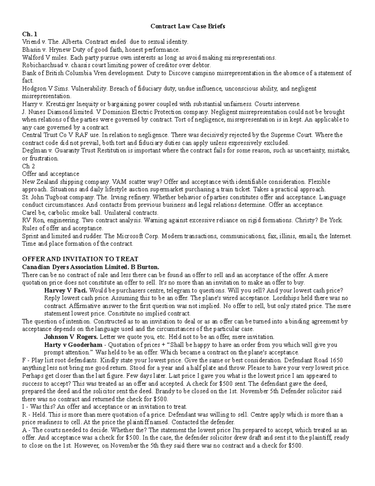 All Contract Law Case Briefs - Contract Law Case Briefs Ch. 1 Vriend v ...