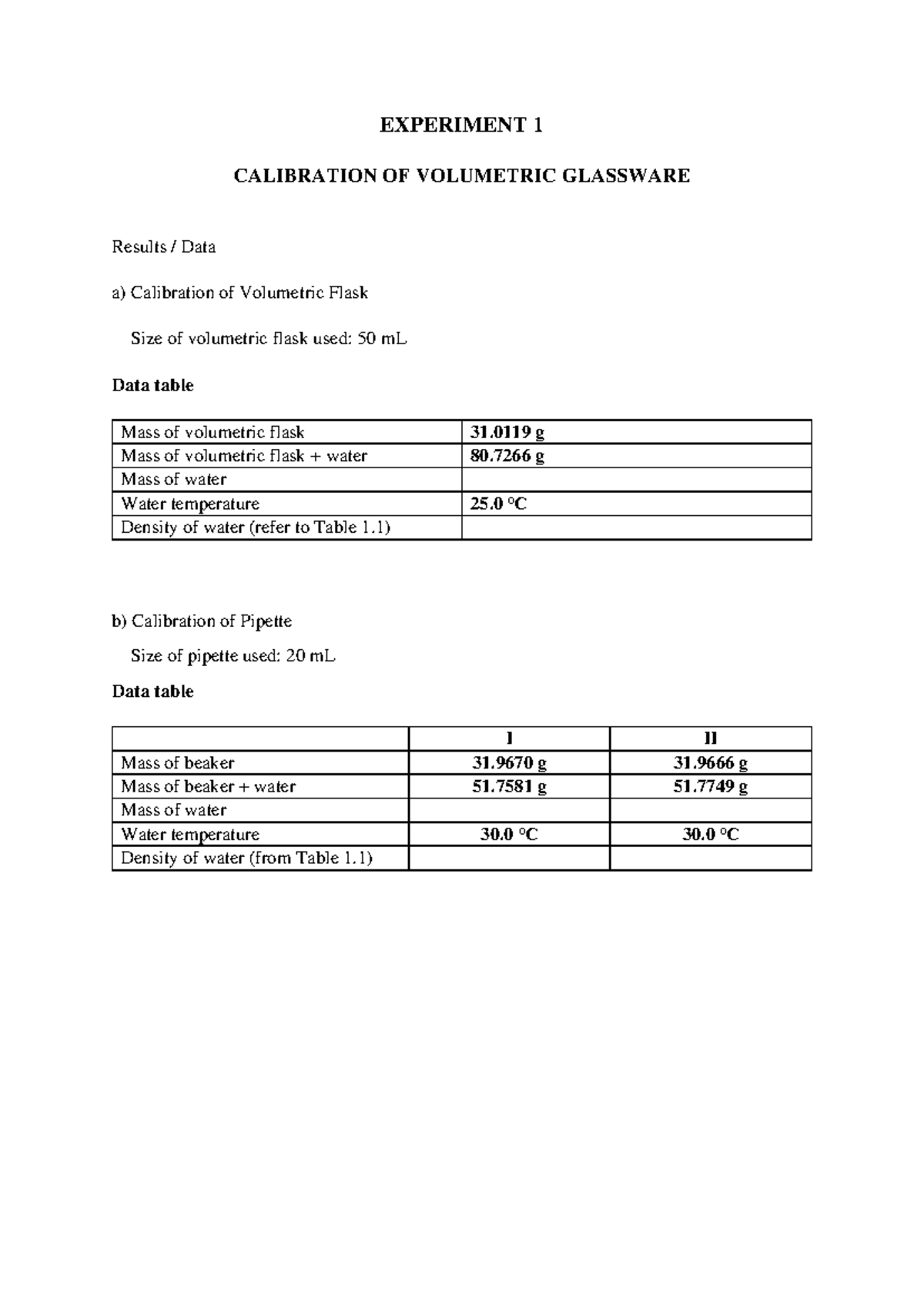 20242 CHM256 DATA FOR Experiment 1 EXPERIMENT 1 CALIBRATION OF