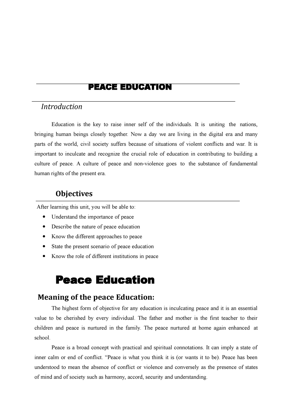 what is peace education essay