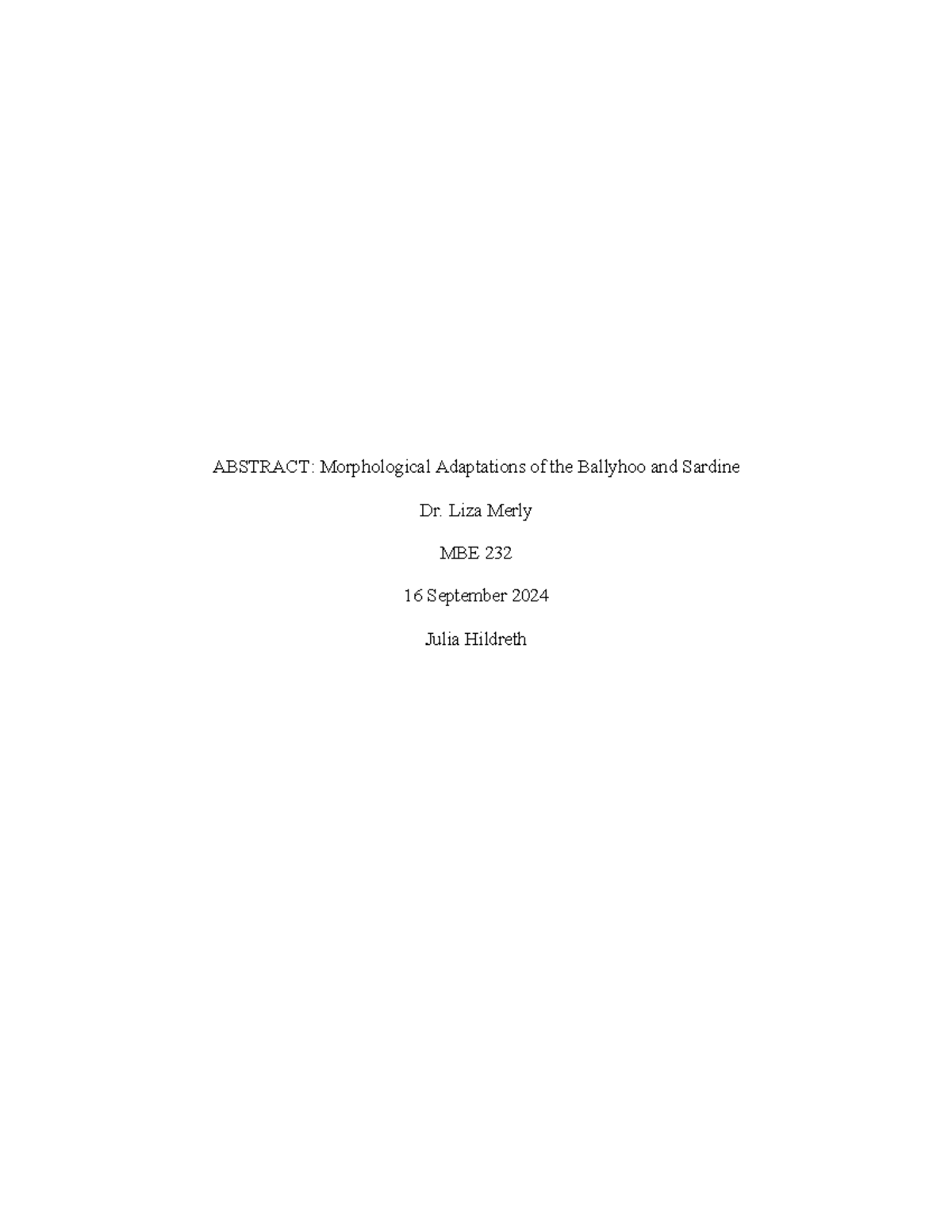 MBE Lab 2 Fish Morphology - ABSTRACT: Morphological Adaptations of the ...