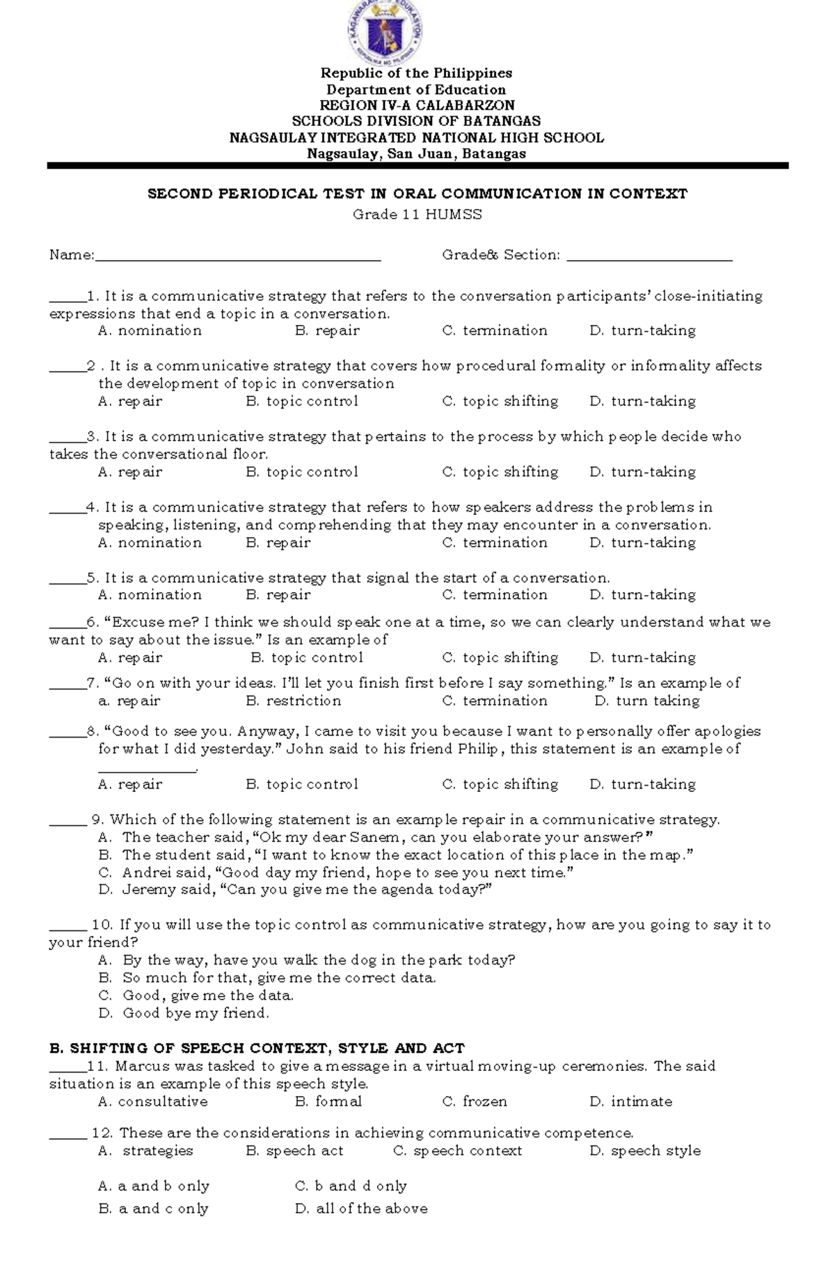 Second Periodical TEST IN ORAL Communication IN Context 2 Republic of