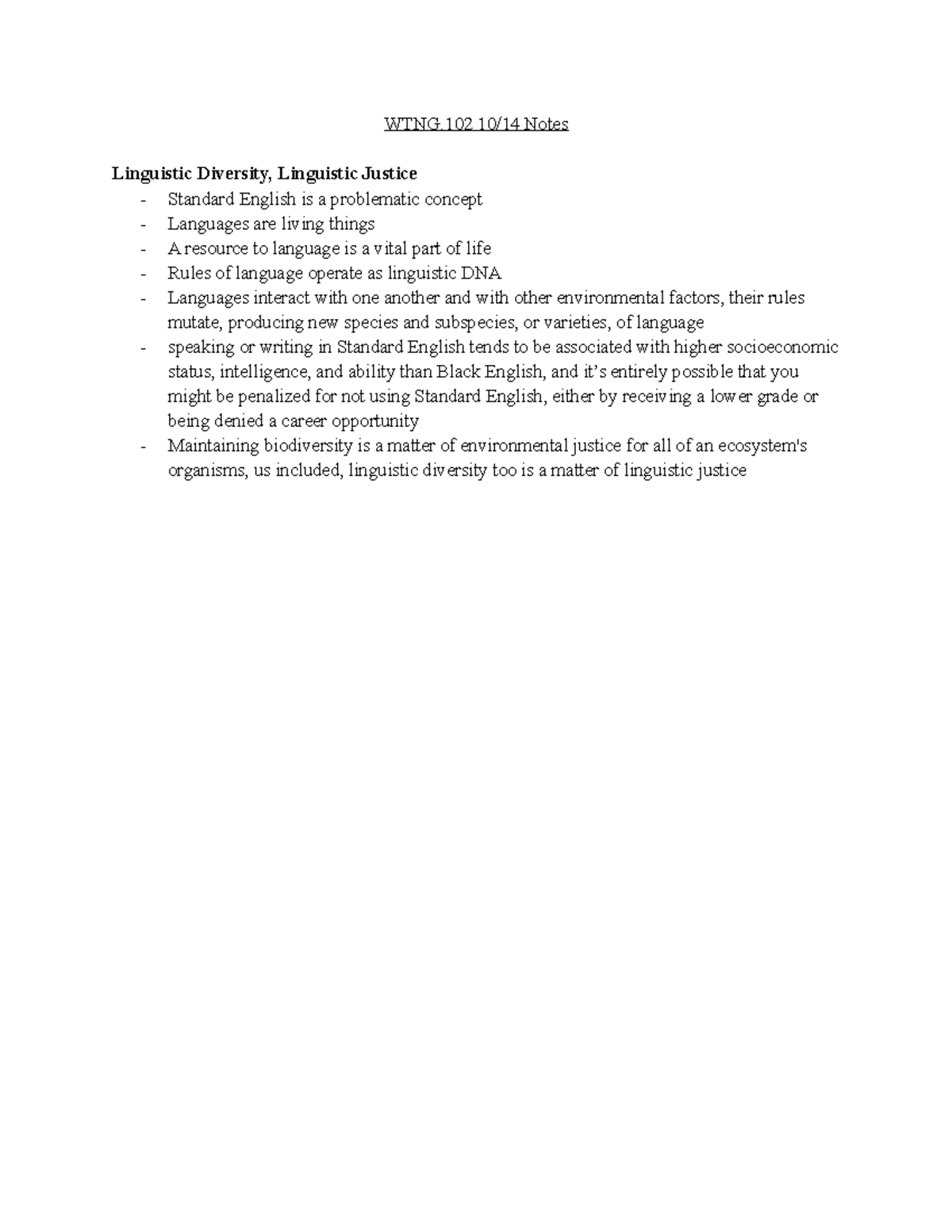 WTNG.102 10 14 Notes - WTNG 10/14 Notes Linguistic Diversity ...