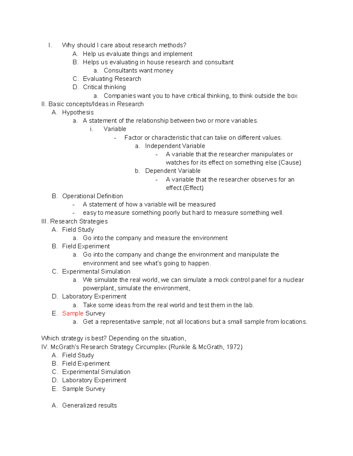 HRM360 Class Notes - I. Why should I care about research methods? A ...