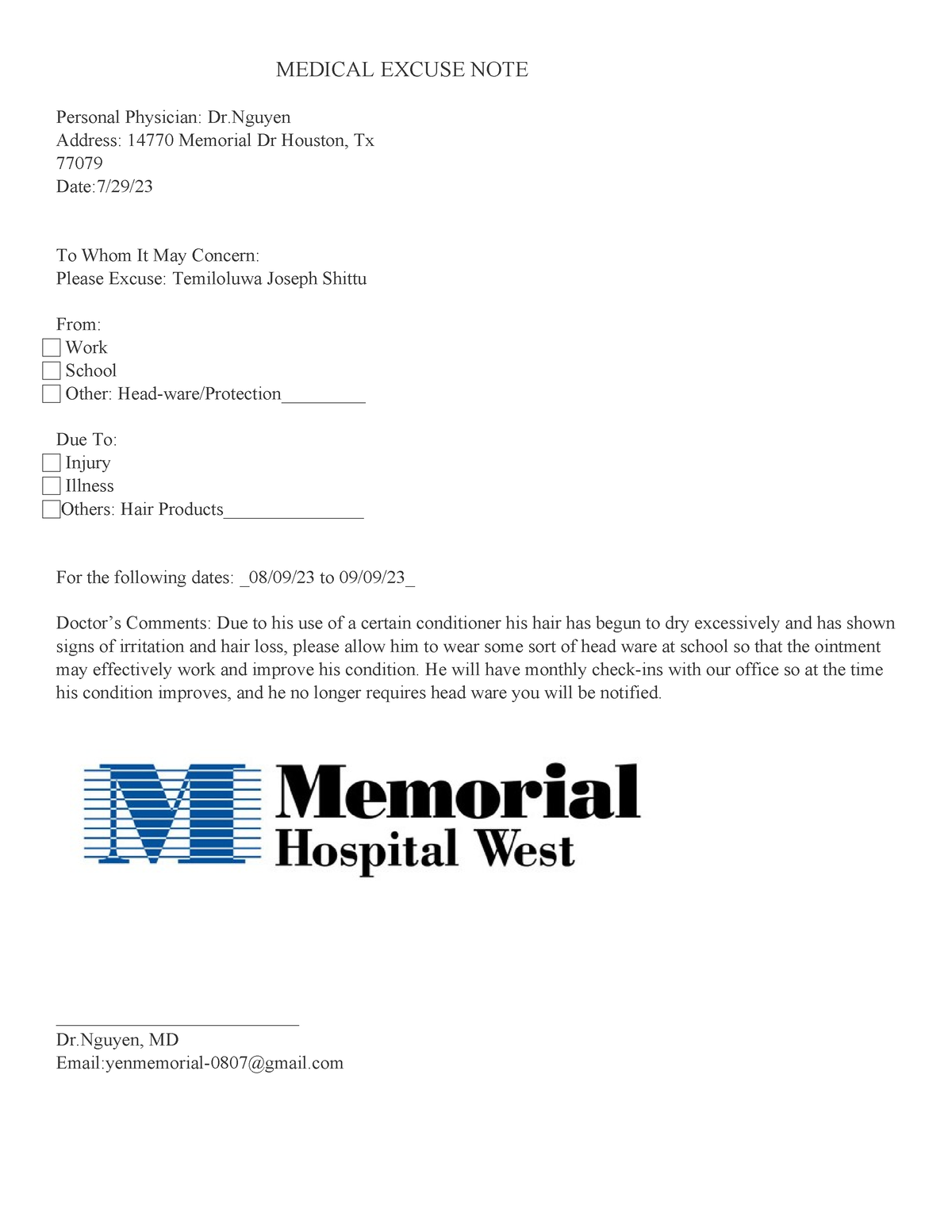 Document 13 - Sshhs - MEDICAL EXCUSE NOTE Personal Physician: Dr ...