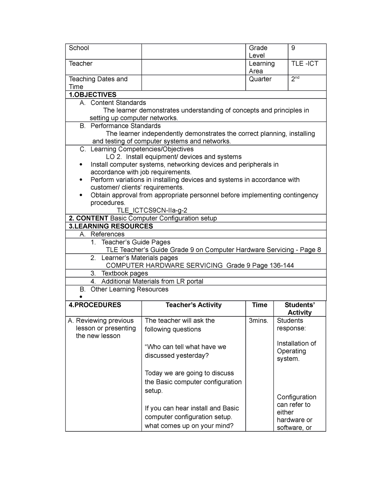 Lesson 2 Basic configuration setup Grade ICT - School Grade Level 9 ...