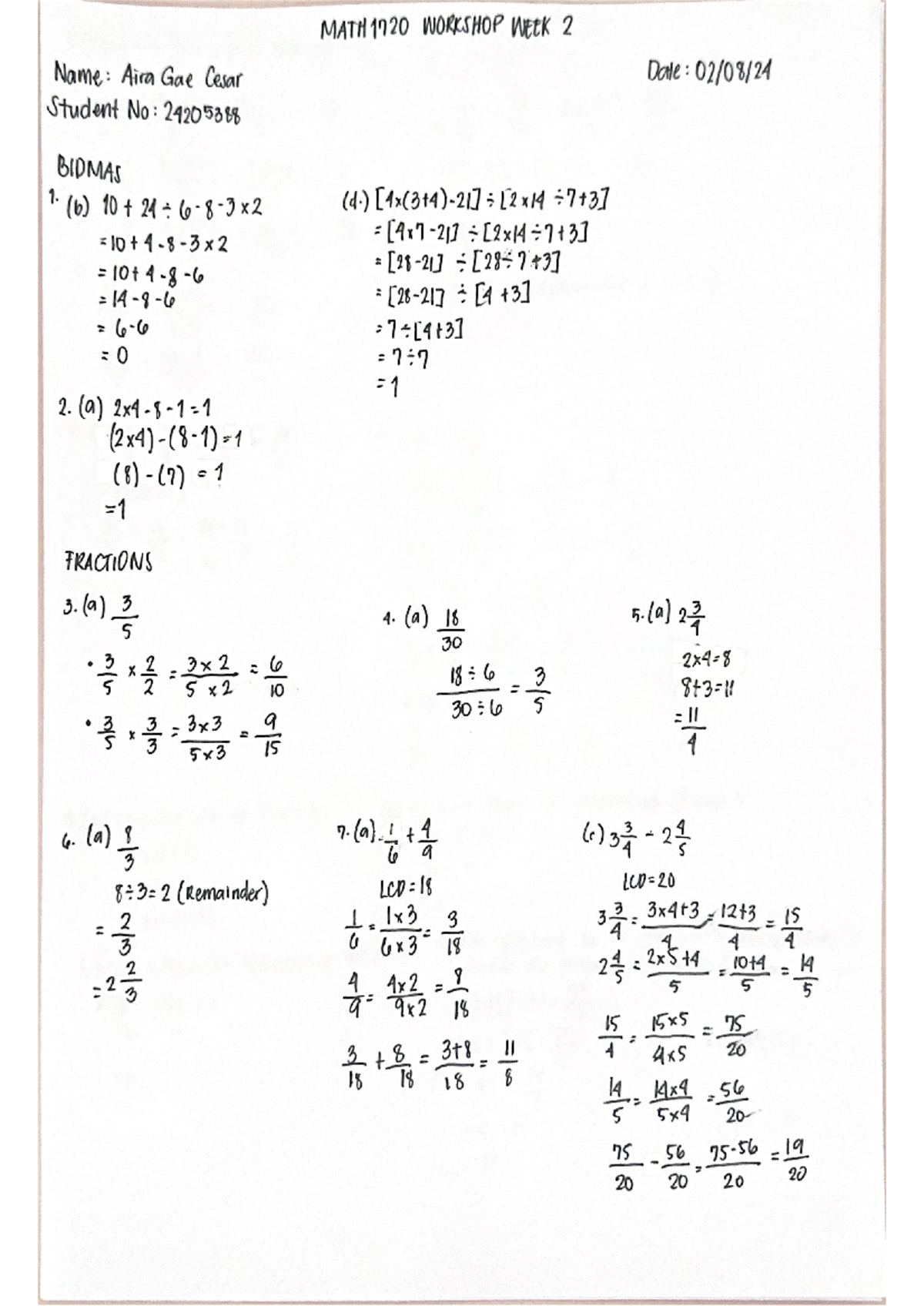 MATH1720 Workshop Participation - MATH1720 WORKSHOP WEEK 2 Name: Aira ...