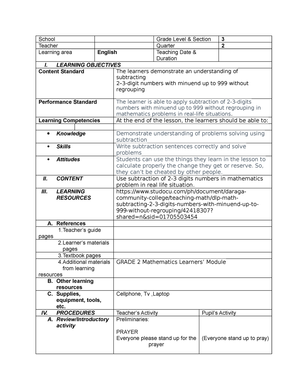 Format for Lesson Plan 1 - School Grade Level & Section 3 Teacher ...