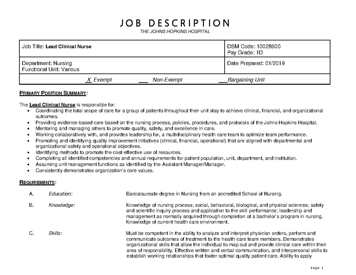 Leadclinicalnurse Lead Nurse Description J O B D E S C R I P T I