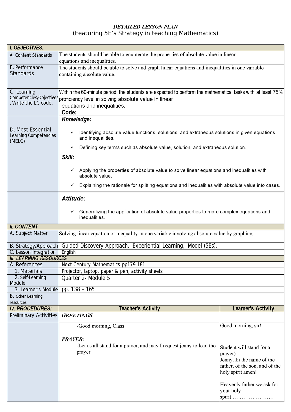 5Es Format Lesson Plan Burdeos Joseph - DETAILED LESSON PLAN (Featuring ...