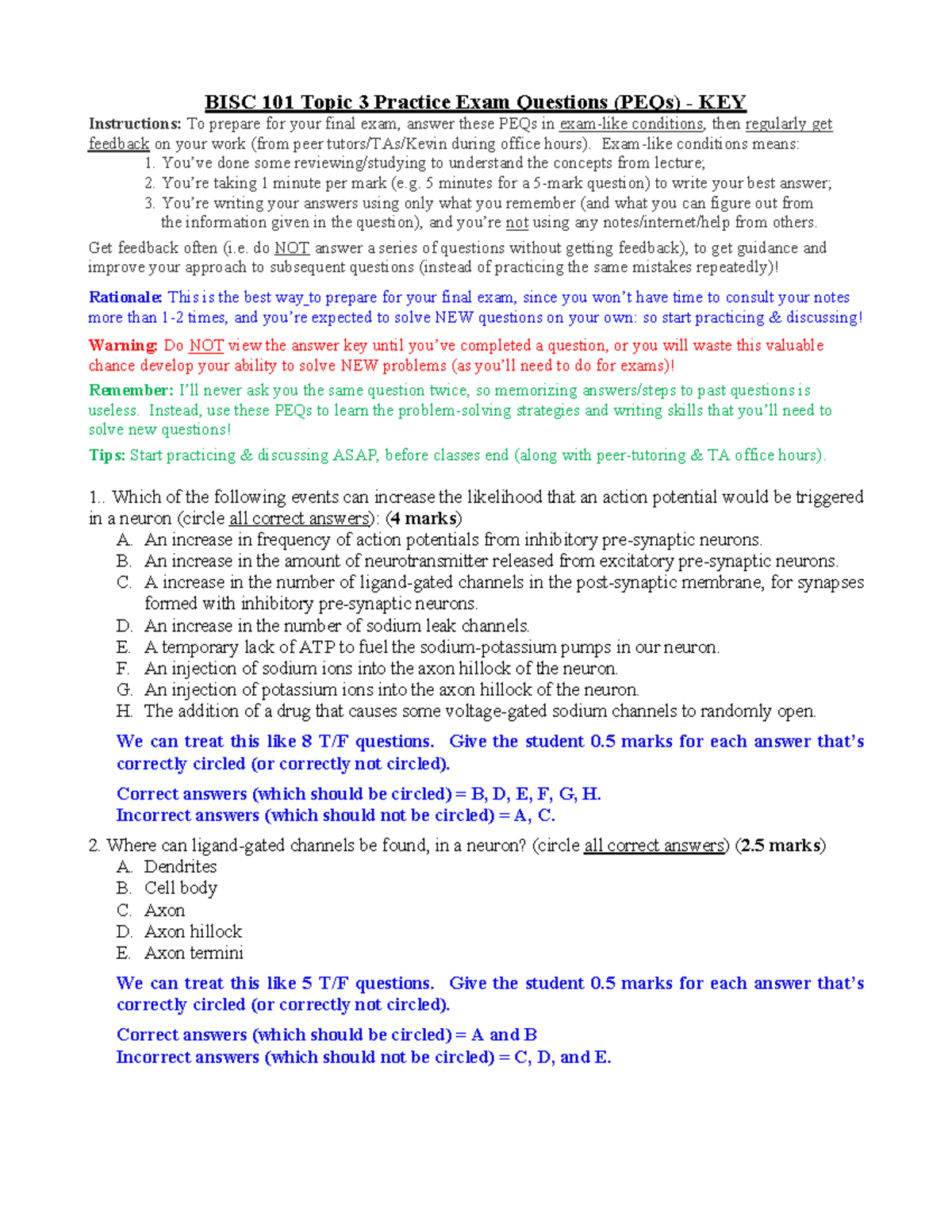 Topic 3 PEQs - Key - practice - BISC 101 - SFU - Studocu