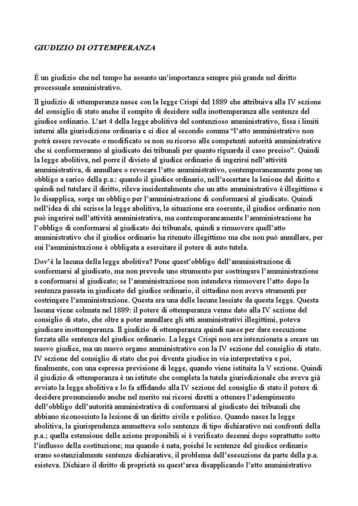 Il Giudizio Di Ottemperanza Nel Processo Amministrativo Giudizio Di