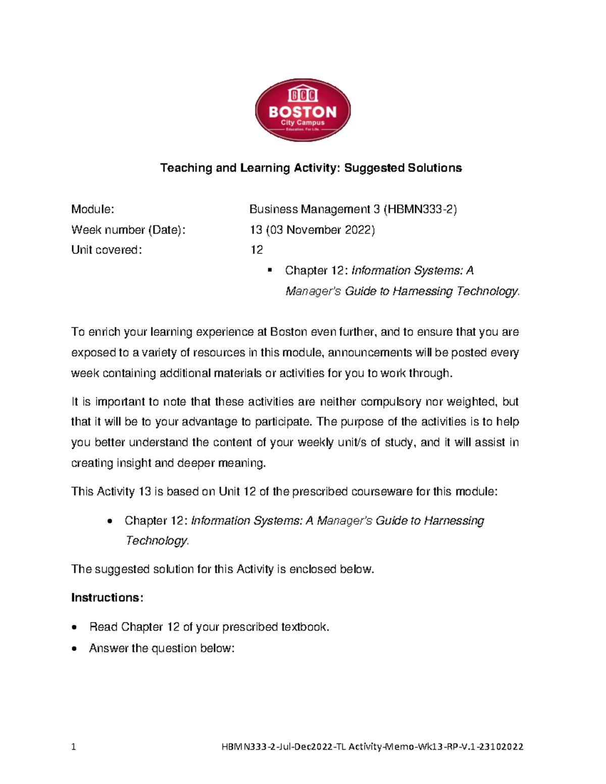 HBMN333-2-Jul-Dec2022-TL Activity-Memo-Wk13-RP-V - Teaching and ...