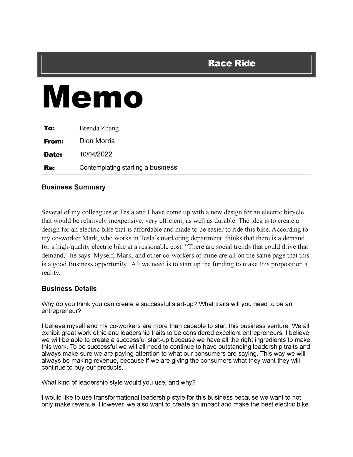 Project 2 template - Memo - Race Ride Memo Business Summary Several of ...