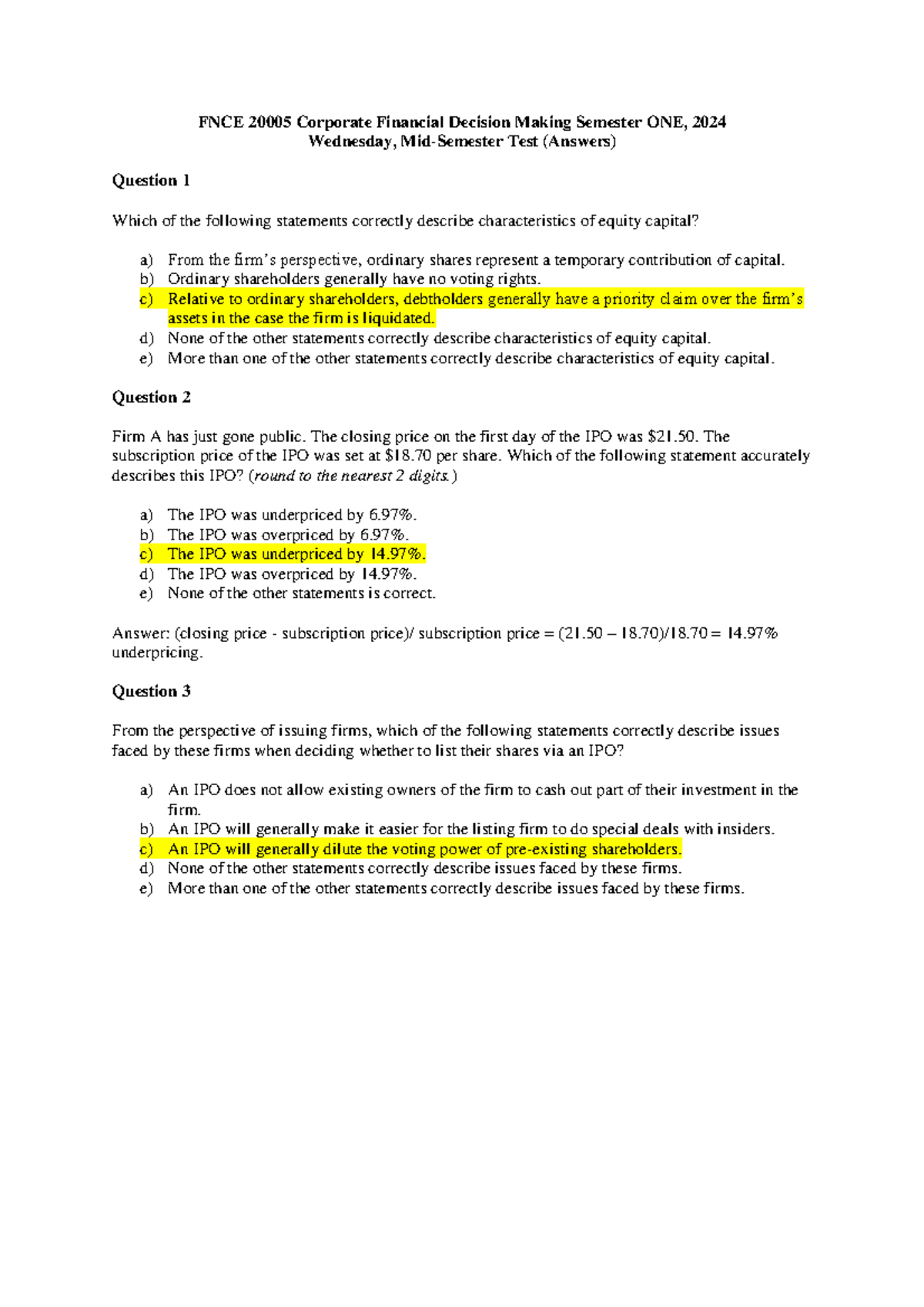 Wed MST 2024 with answers update - FNCE 20005 Corporate Financial ...