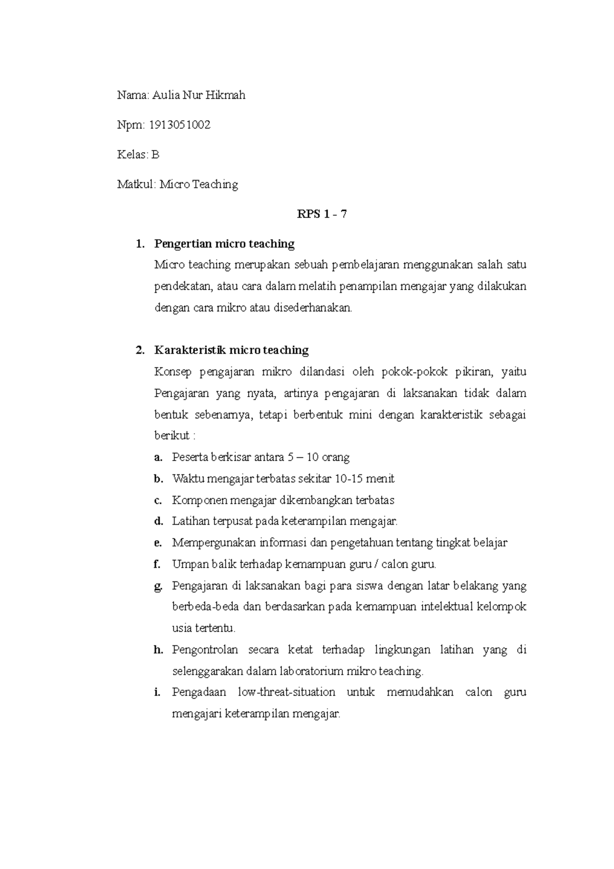 RPS 1-7 Micro - Nama: Aulia Nur Hikmah Npm: 1913051002 Kelas: B Matkul ...