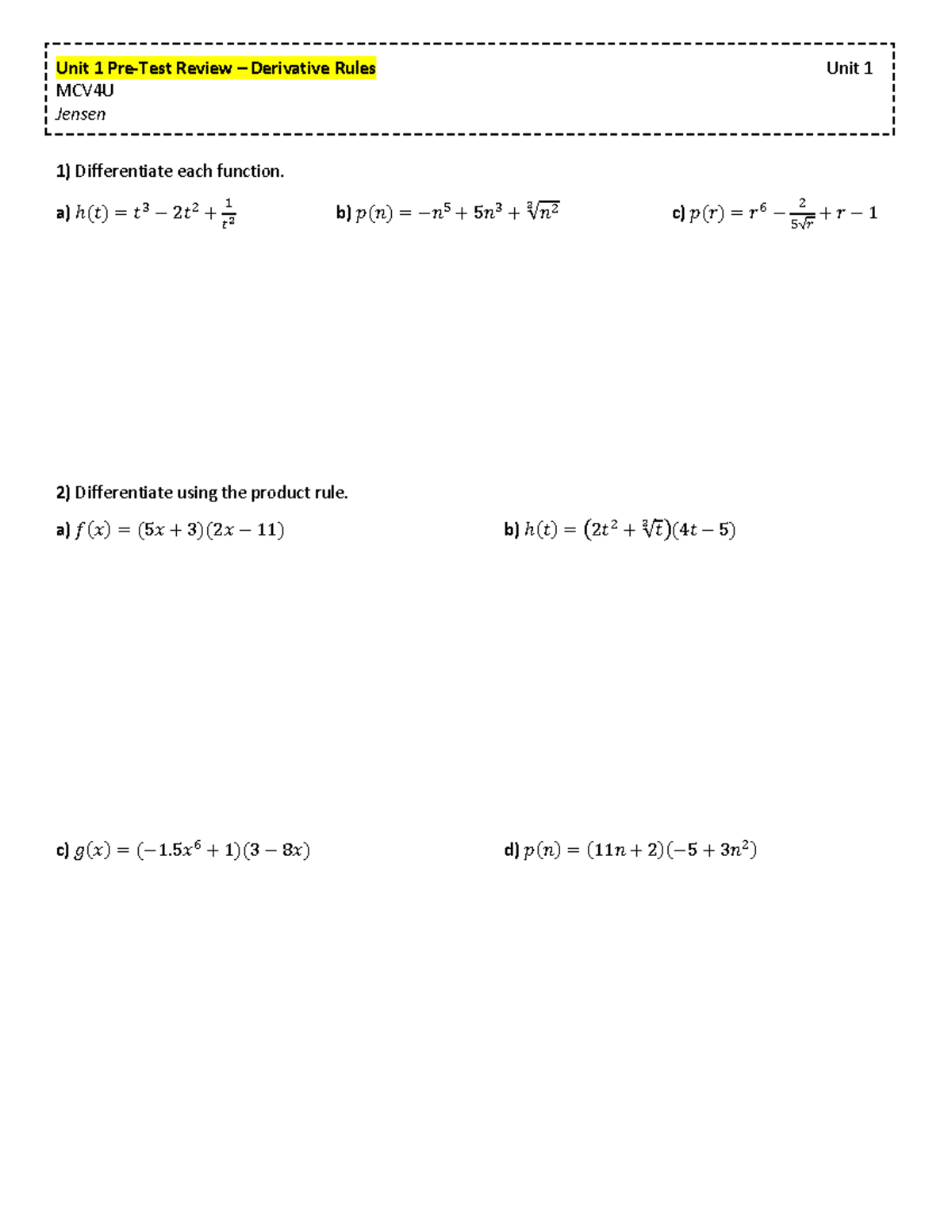 Unit 1 Pretest Review Derivative Rules Studocu