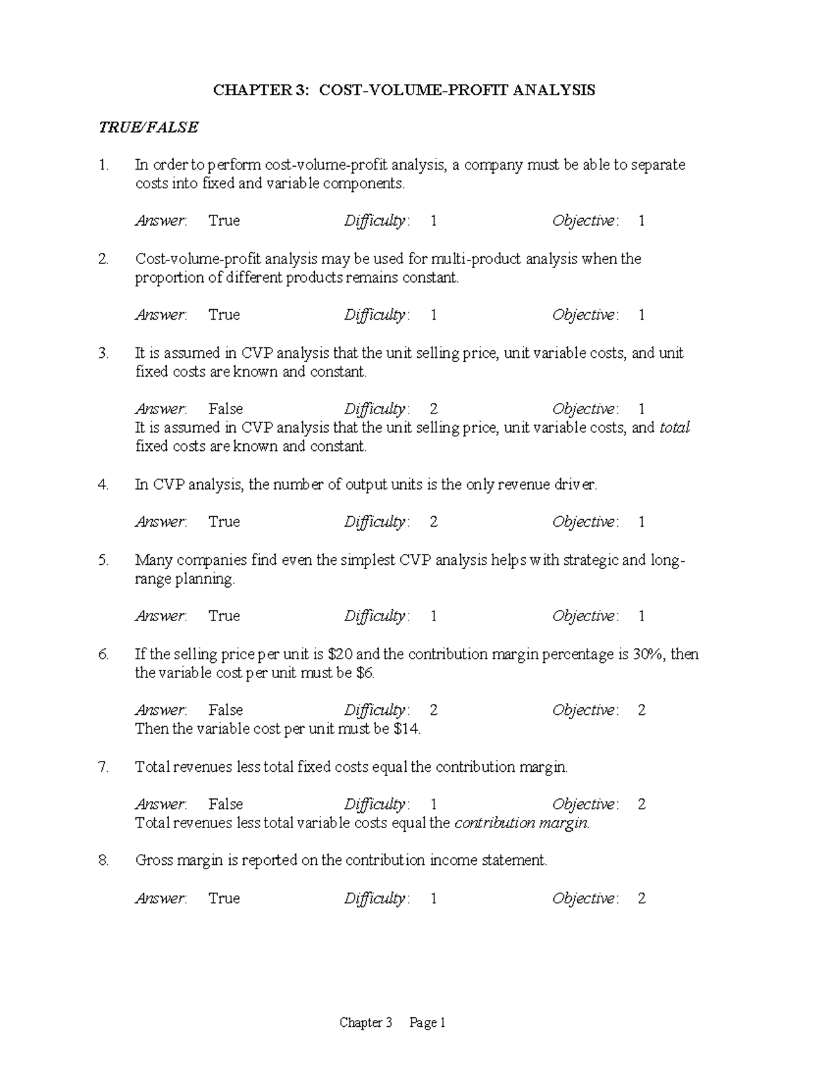 Chapter 3 Test Bank - NNN - CHAPTER 3: COST-VOLUME-PROFIT ANALYSIS TRUE ...