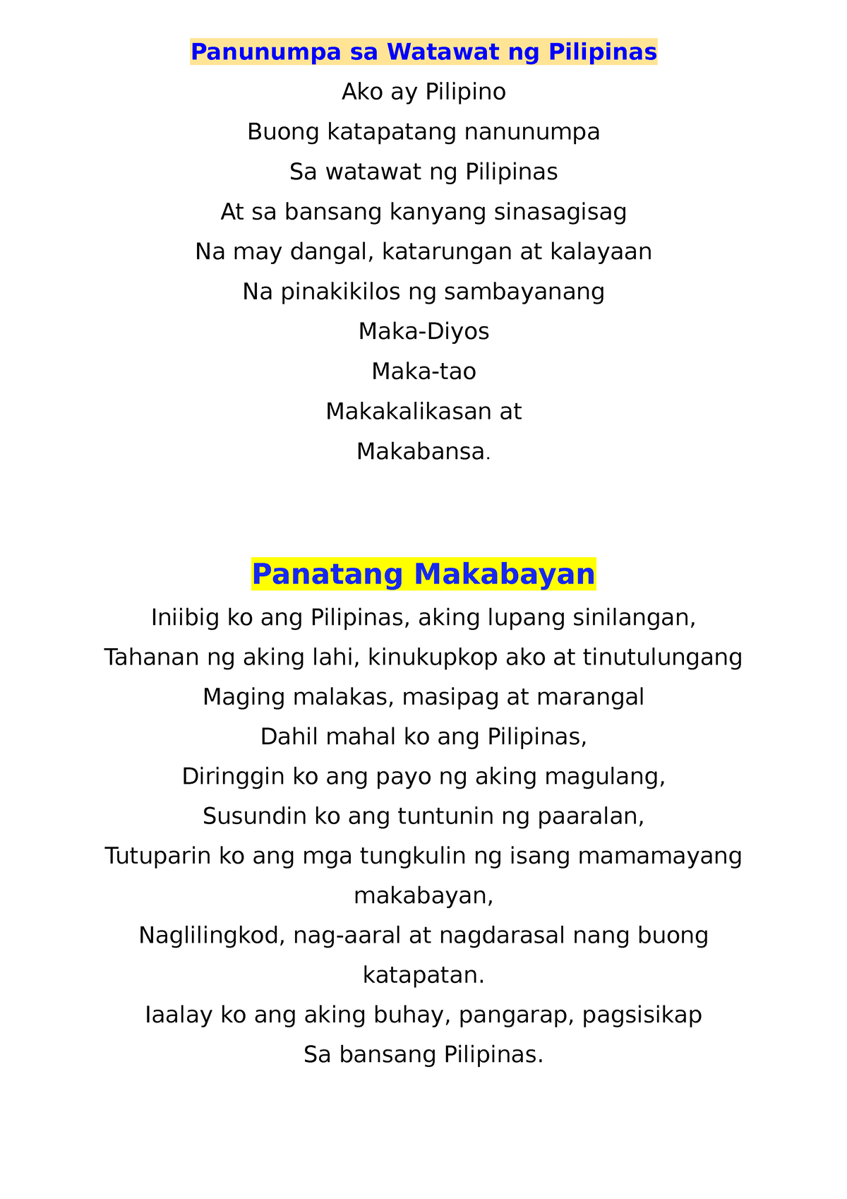 Panunumpa Sa Watawat Ng Pilipinas Panatang Makabayan Iniibig Ko Ang Pilipinas Aking Lupang 