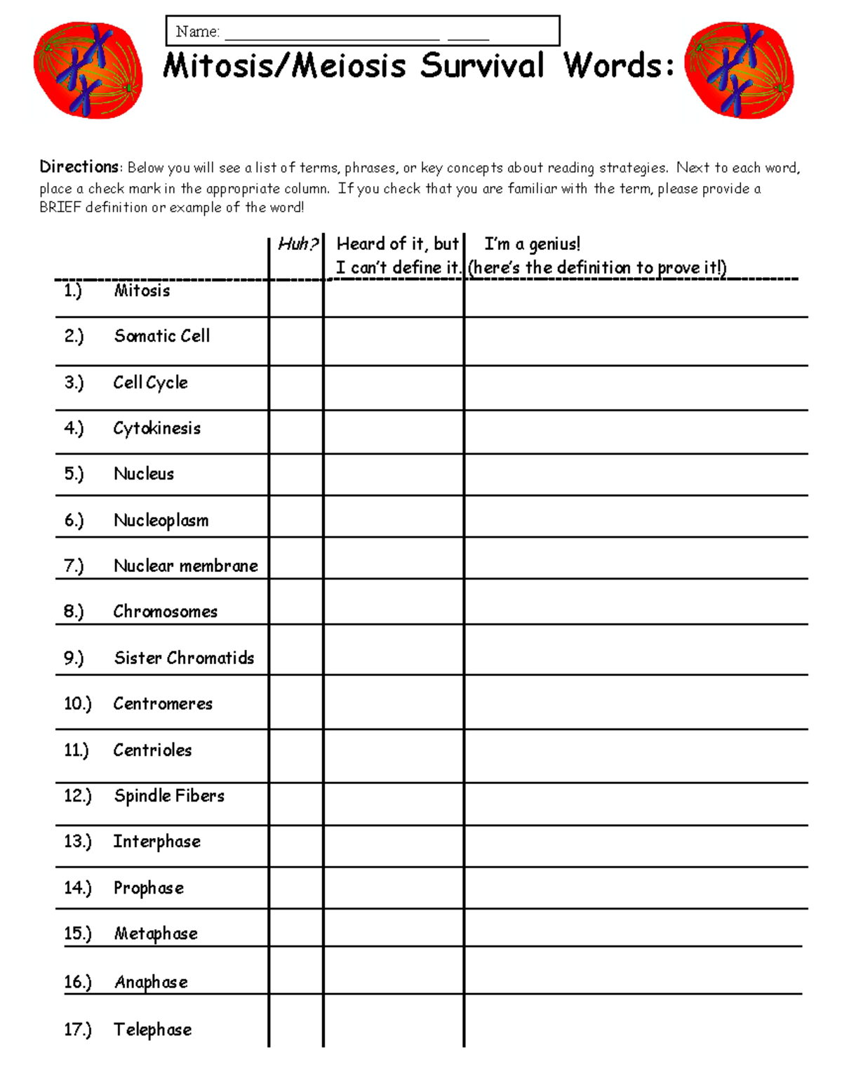 Survival+ Words - kkkkh the - Mitosis/Meiosis Survival Words ...