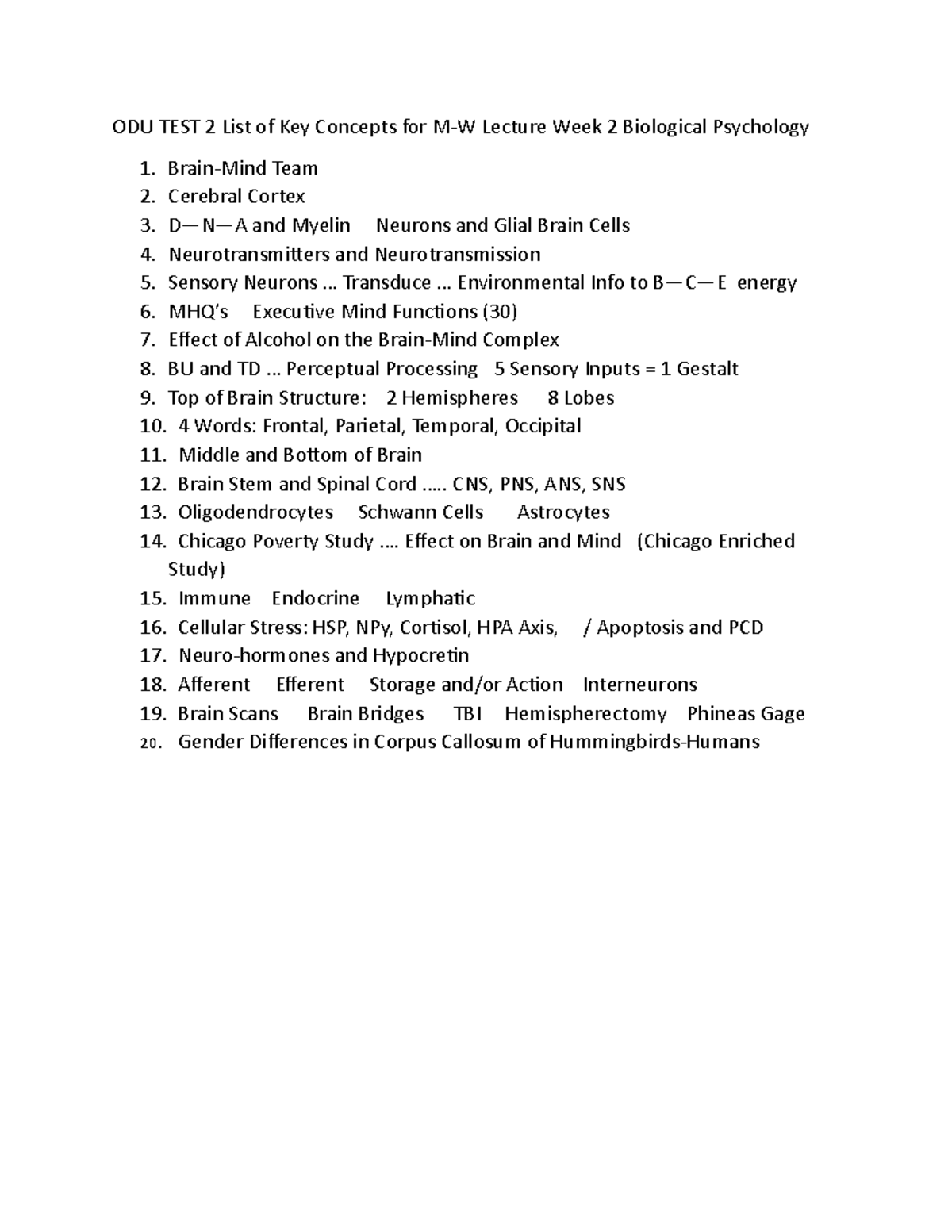 ODU TEST 2 List of Key Concepts for M .. Transduce Environmental