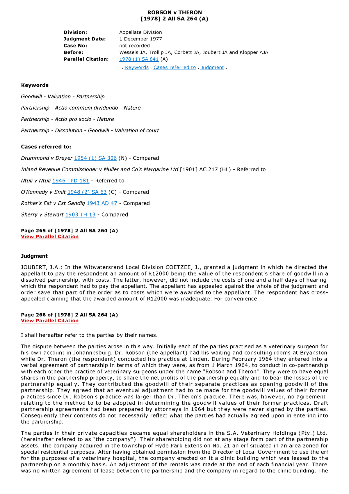 Robson v Theron [1978] 2 All SA 264 (A) - ROBSON v THERON [1978] 2 All ...