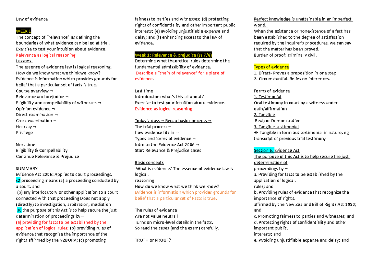 Law Of Evidence - Outline Of Lecture 1 - 5 - Law Of Evidence WEEK 1 The ...