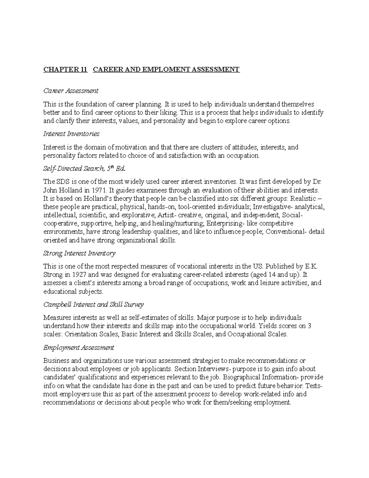 Chapter 11 and 12 - CHAPTER 11 CAREER AND EMPLOMENT ASSESSMENT Career ...
