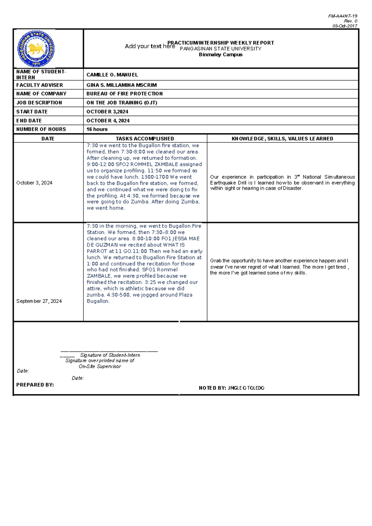 4th WEEK Manuel- Report- Template 4 - FM-AA-INT- Rev. 0 03-Oct ...