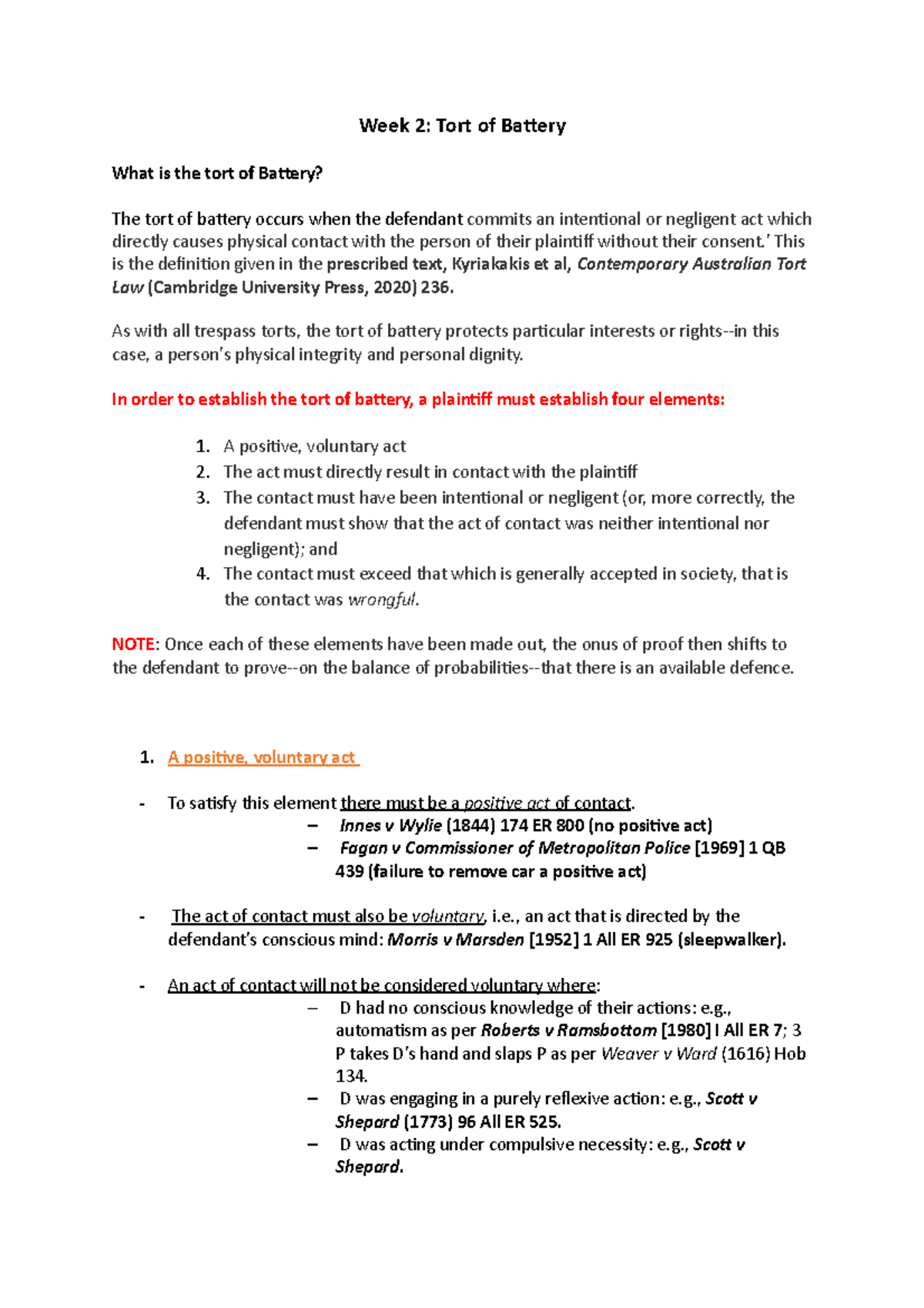 Week 2 Battery notes Week 2 Tort of Battery What is the tort of