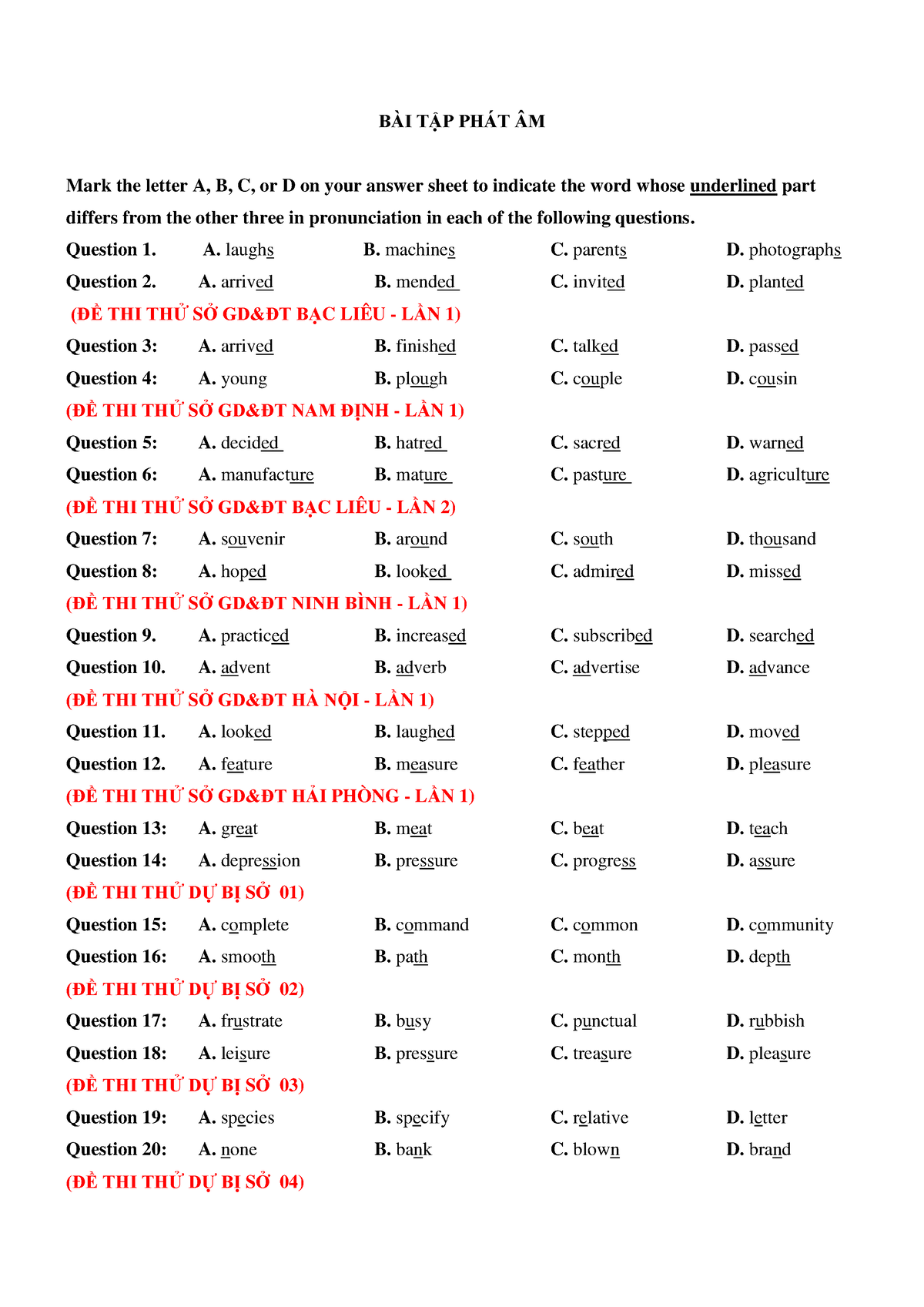 LUY·ªÜN T·∫¨P PH√ÅT √ÇM THPT - BÀI TẬP PHÁT ÂM Mark The Letter A, B, C ...