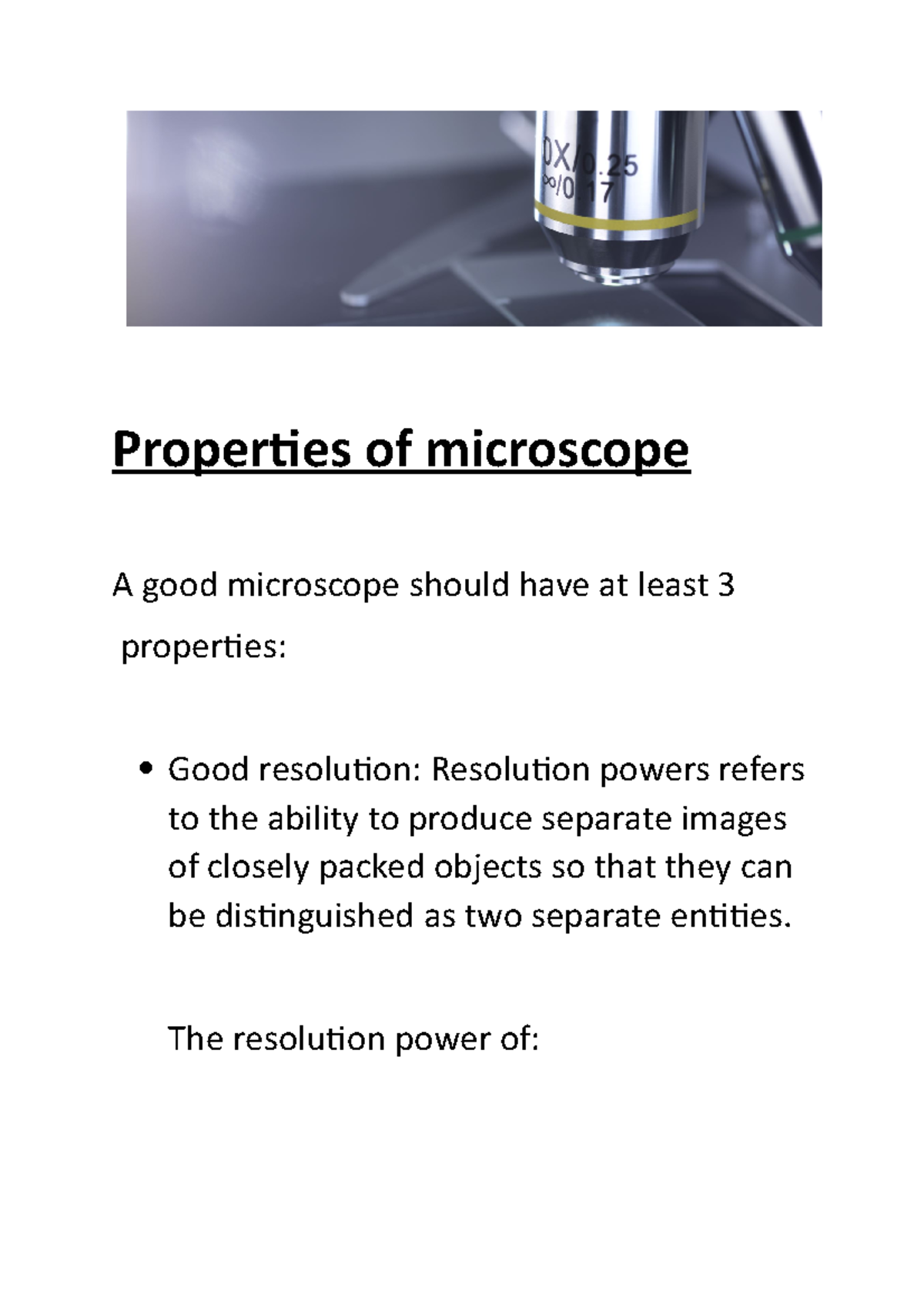 Properties of microscope - The resolution power of: Unaided human eye ...